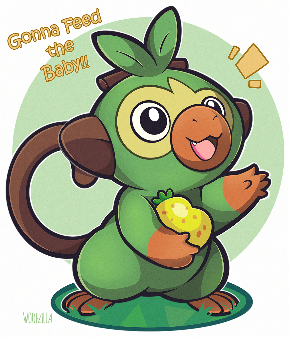 woofzilla, grookey, nintendo, pokemon, commentary, english commentary, translation request, berry (pokemon), black eyes, bright pupils, english text, fang, full body, gen 8 pokemon, no humans, open mouth, pokemon (creature), signature, simple background, sitrus berry, solo, white pupils