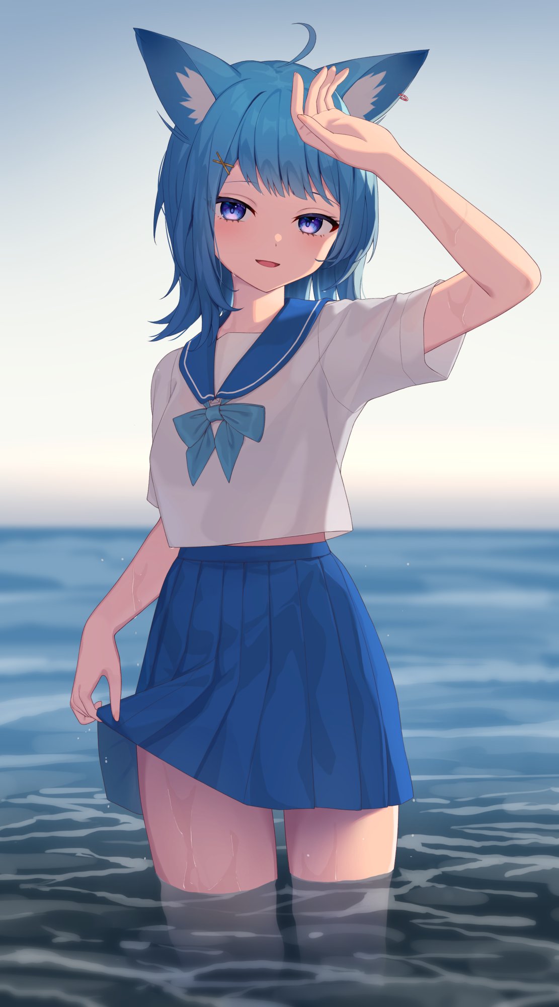 nishino eri, souya ichika, nanashi inc., hashtag-only commentary, highres, 1girl, ahoge, animal ears, arm up, blue hair, blue sailor collar, blue skirt, blurry, blurry background, bow, bowtie, cat ears, clothes lift, crop top, crop top overhang, high-waist skirt, lifting own clothes, looking at viewer, medium hair, midriff peek, ocean, open mouth, pleated skirt, purple eyes, sailor collar, school uniform, see-through silhouette, serafuku, shirt, skirt, skirt lift, smile, solo, virtual youtuber, wading, water, wet, white shirt