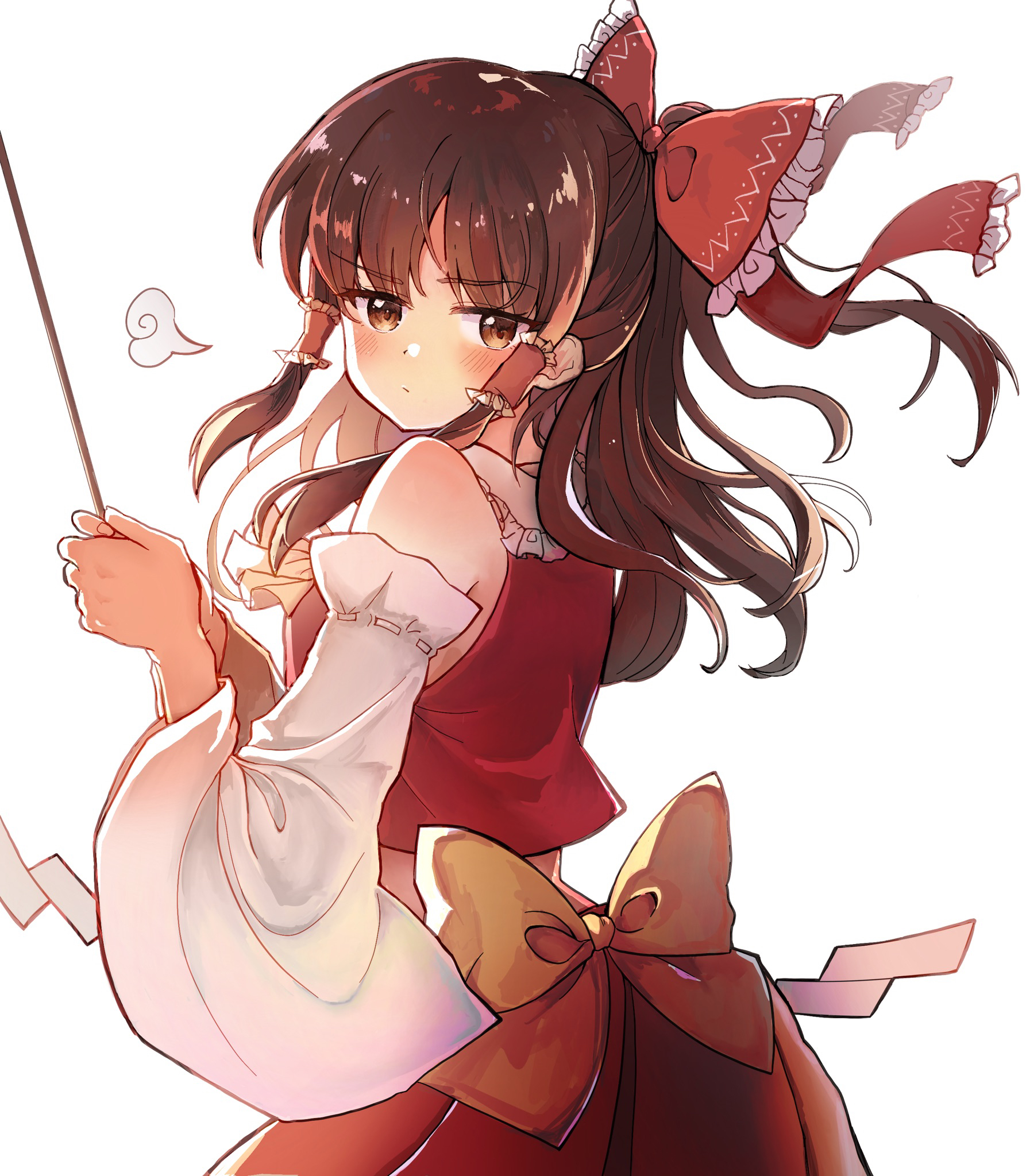 hakurei reimu, touhou, highres, 1girl, agedashi, ascot, blonde hair, blush, bow, brown hair, detached sleeves, frills, hair bow, hair tubes, japanese clothes, long hair, nontraditional miko, red bow, ribbon, shirt, short hair, simple background, skirt, smile, solo, white background