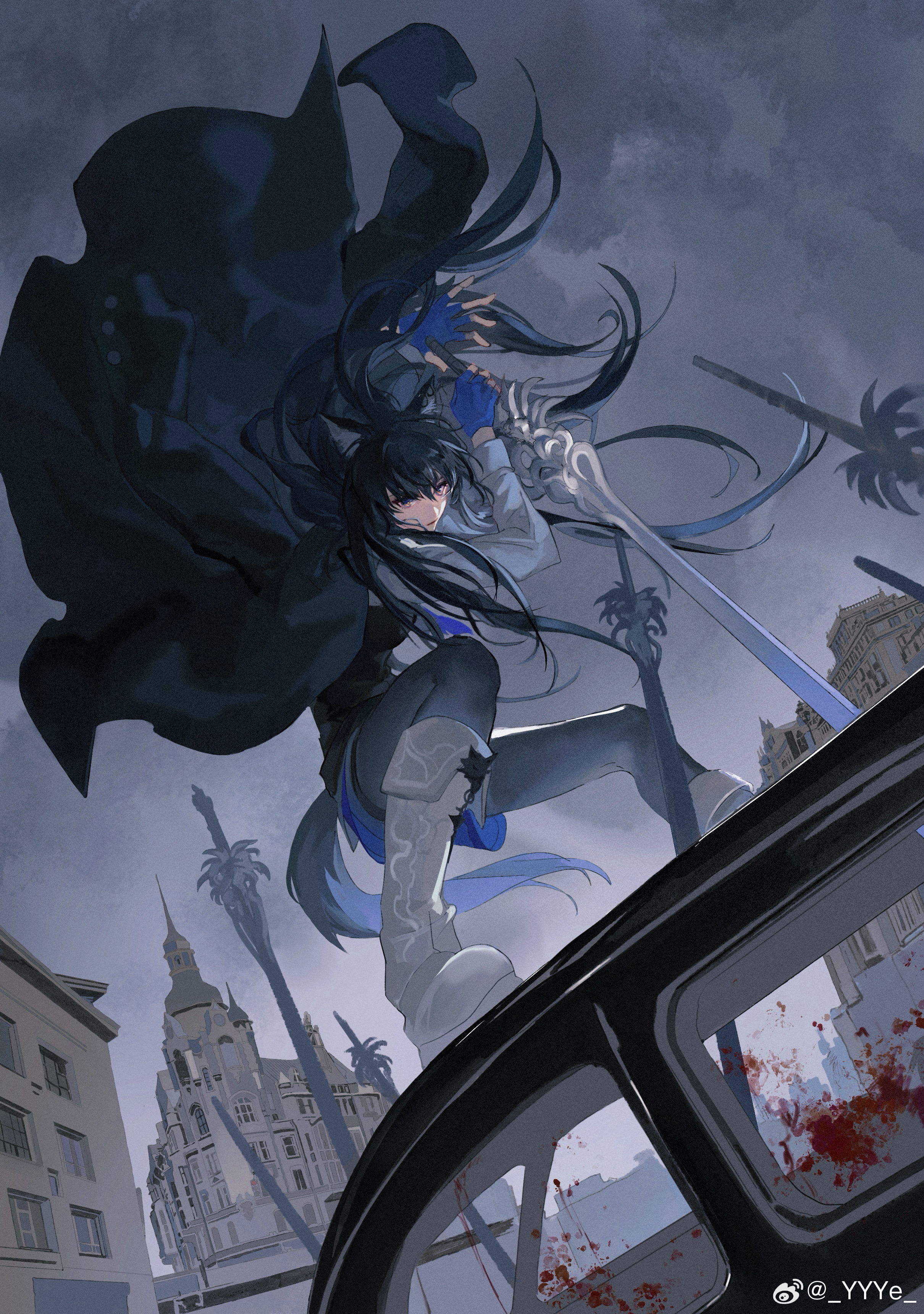 ye (ran chiiipye), texas (arknights), texas the omertosa (arknights), arknights, absurdres, chinese commentary, commentary request, highres, 1girl, animal ears, black coat, black hair, black pantyhose, black vest, blood, blood splatter, blue gloves, boots, building, car, coat, coat on shoulders, day, fingerless gloves, full body, gloves, grey boots, grey shirt, holding, holding sword, holding weapon, knee boots, long hair, long sleeves, looking at viewer, motor vehicle, multicolored eyes, official alternate costume, on car, outdoors, overcast, pantyhose, planted, planted sword, planted weapon, purple eyes, shirt, sky, solo, sword, tail, two-tone eyes, vest, watermark, weapon, weibo watermark, wolf ears, wolf girl, wolf tail, yellow eyes