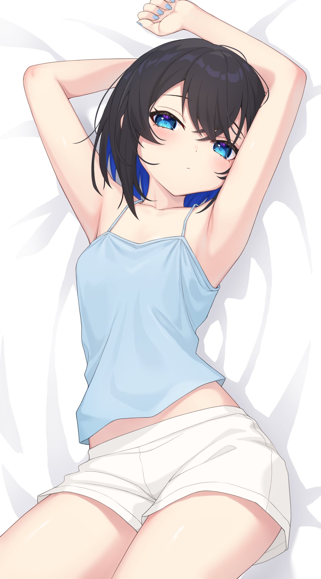 nishino eri, original, commentary request, highres, 1girl, arm behind head, armpits, arms up, bare arms, bare shoulders, bed sheet, black hair, blue eyes, blue shirt, breasts, closed mouth, colored inner hair, looking at viewer, lying, midriff, multicolored hair, on back, shirt, short hair, short shorts, shorts, sleeveless, sleeveless shirt, small breasts, solo, spaghetti strap, white shorts