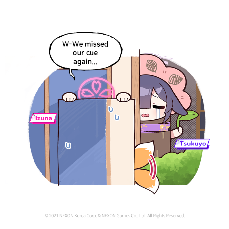 donmin h, izuna (blue archive), tsukuyo (blue archive), blue archive, commentary, english commentary, 2girls, afterimage, arms up, bush, character name, chibi, closed eyes, crying, english text, fox tail, hair over one eye, halo, holding, motion lines, multiple girls, open mouth, pink halo, purple hair, speech bubble, streaming tears, sweatdrop, tail, tears, tree costume