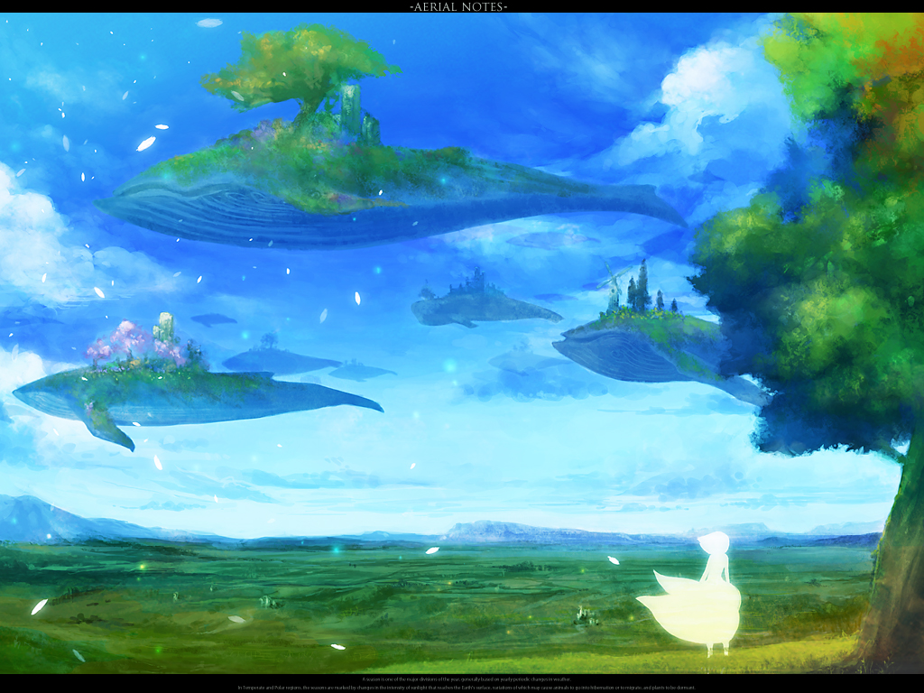 chitose rin, rel, original, 1girl, bloom, cloud, day, dress, female focus, fish, flying, flying fish, landscape, letterboxed, mountain, overgrown, scenery, sky, solo, surreal, tree, whale, white dress, windmill