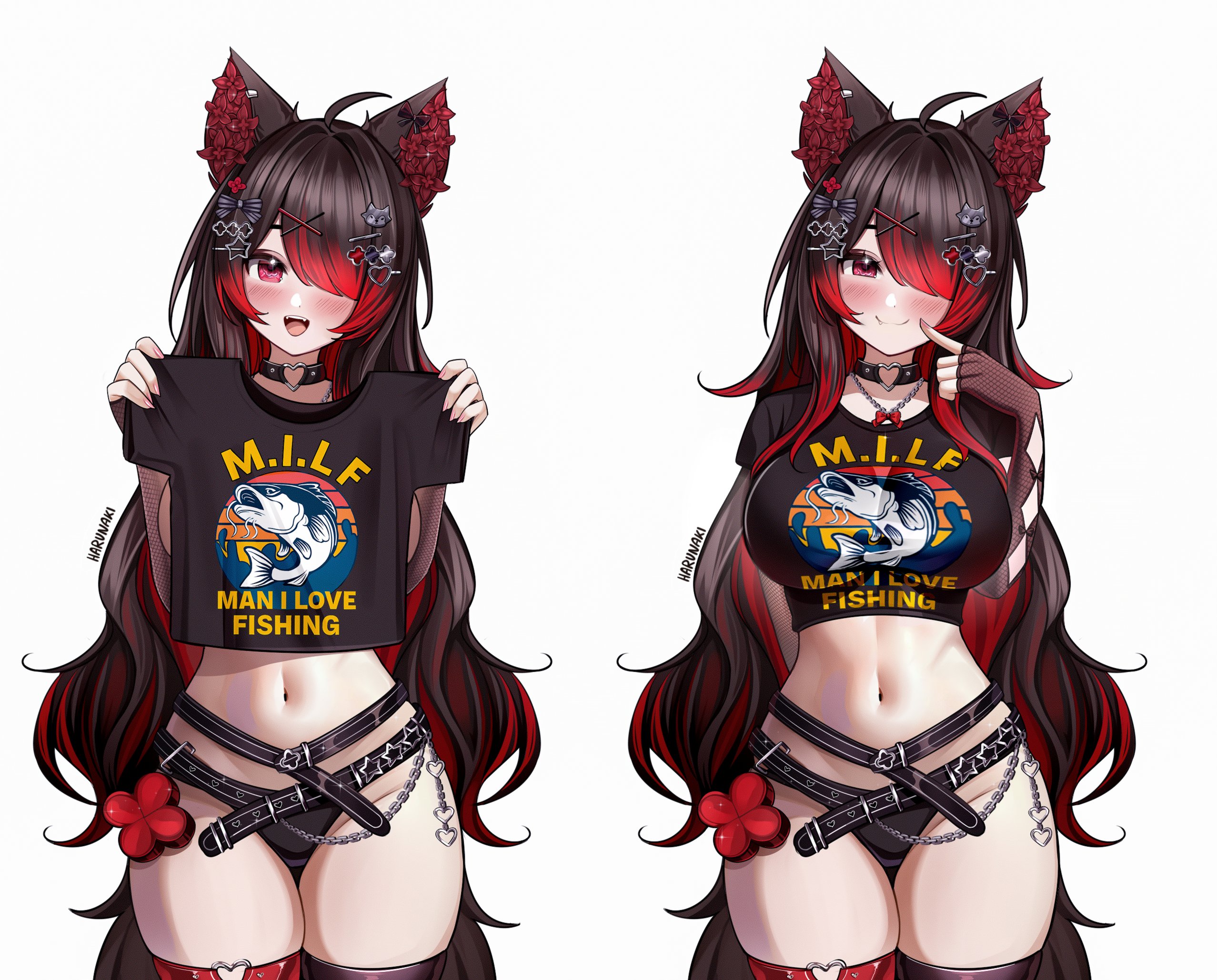 harunaki, indie virtual youtuber, commentary, english commentary, highres, 1girl, :d, ahoge, angelina (vtuber), animal ears, belt, black belt, black choker, black hair, black panties, black shirt, blush, breasts, choker, closed mouth, cowboy shot, finger to cheek, hair ornament, hair over one eye, hand up, heart, heart o-ring, holding, holding shirt, holding unworn clothes, large breasts, long hair, looking at viewer, man i love fishing (meme), meme, midriff, multicolored hair, multiple views, navel, o-ring, o-ring choker, one eye covered, open mouth, panties, parted bangs, print shirt, red eyes, red streaks, shirt, short sleeves, simple background, smile, streaked hair, underwear, unworn shirt, virtual youtuber, white background, wolf ears, wolf girl, x hair ornament