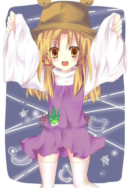 hane riu, moriya suwako, touhou, bad id, bad pixiv id, 1girl, arms up, female focus, hat, skirt, solo, thighhighs