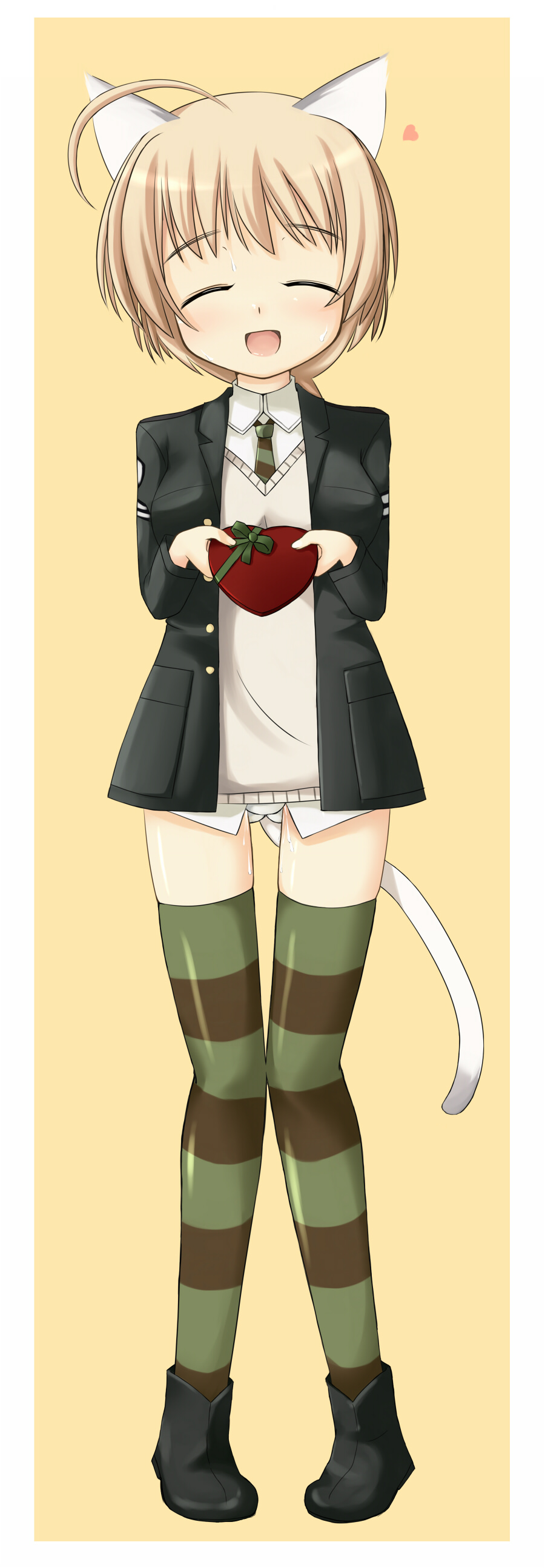rinyan suzu, lynette bishop, strike witches, world witches series, absurdres, bad id, bad pixiv id, highres, long image, tall image, 00s, 1girl, ahoge, animal ears, brown hair, cat ears, cat tail, closed eyes, female focus, solo, striped clothes, striped thighhighs, tail, thighhighs, valentine, zettai ryouiki
