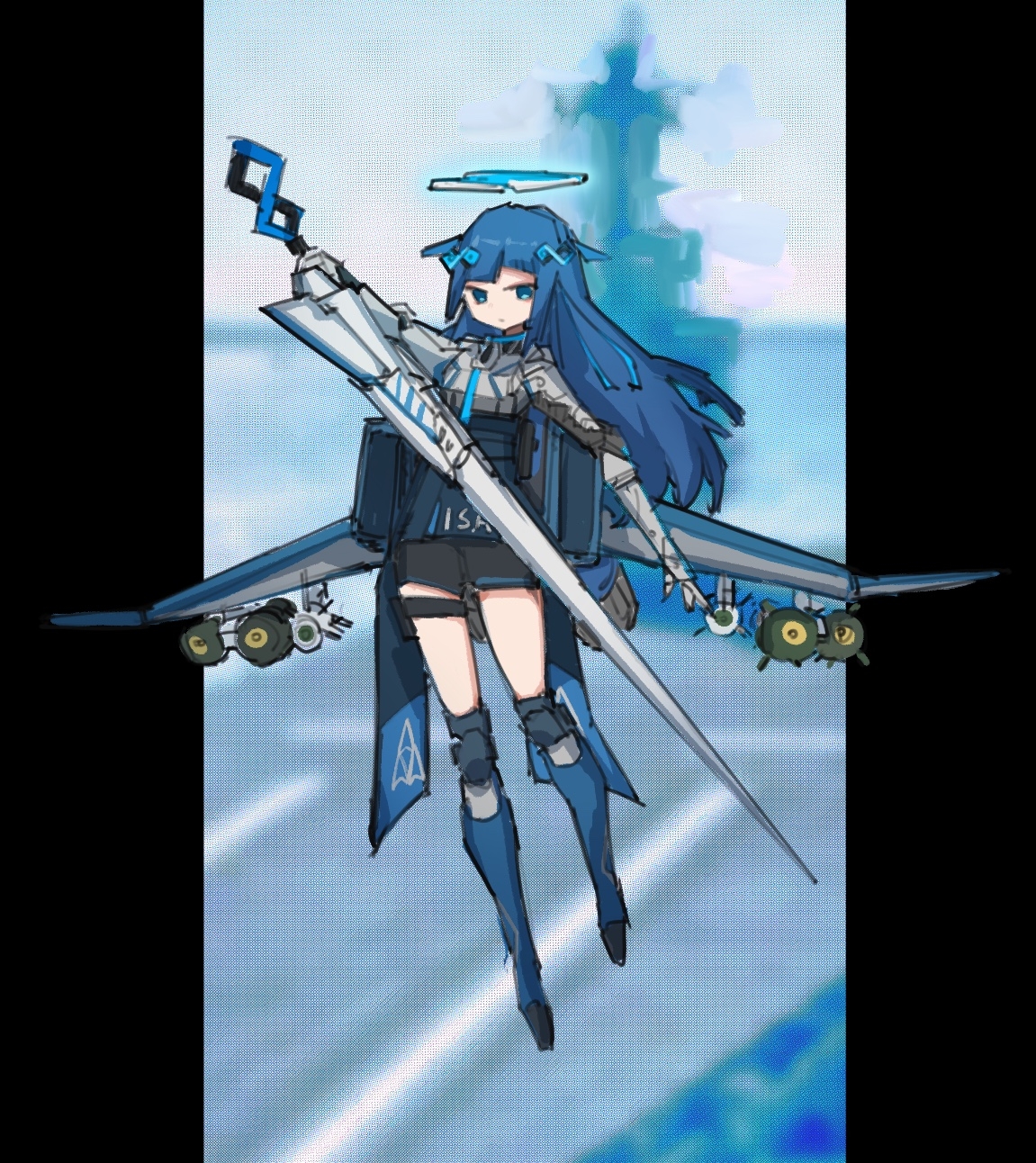 frider, f-4 phantom ii, mobius 1, ace combat, highres, aqua halo, blue eyes, blue hair, bomb, explosive, halo, holding, holding sword, holding weapon, knee pads, kneehighs, long hair, mecha musume, personification, pillarboxed, short shorts, shorts, socks, sword, tachi-e, weapon, wings