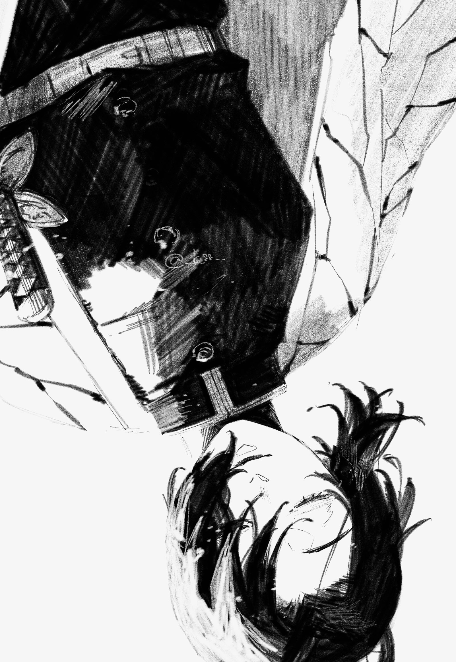 kochou shinobu, kimetsu no yaiba, highres, 1girl, belt, buttons, closed eyes, closed mouth, curtained hair, demon slayer uniform, dutch angle, facing viewer, forehead, greyscale, haori, high contrast, japanese clothes, k 88, katana, light smile, middle part, monochrome, popped collar, short hair, simple background, solo, sword, twitter username, u u, upper body, upside-down, weapon, white background