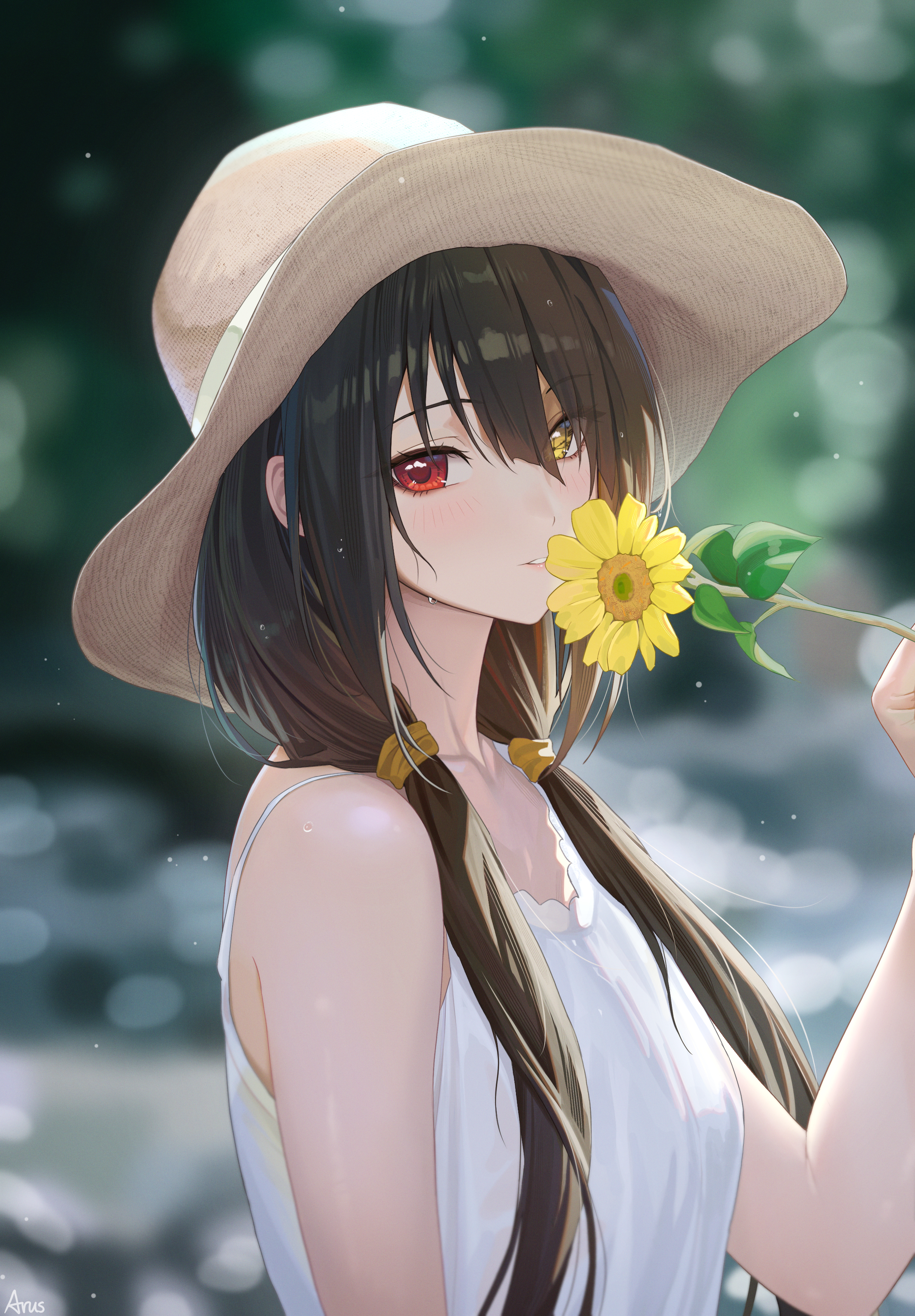 arus, tokisaki kurumi, date a live, absurdres, highres, mixed-language commentary, 1girl, black hair, day, dress, flower, hat, heterochromia, holding, holding flower, light particles, long hair, low twintails, parted lips, red eyes, solo, sun hat, sunflower, twintails, upper body, very long hair, white dress, yellow eyes