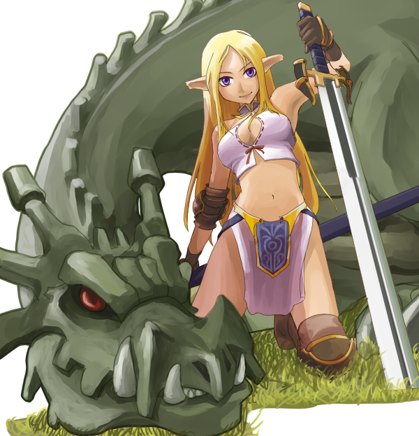 inte, original, 1girl, blonde hair, breasts, cleavage, dragon, elf, female focus, gloves, large breasts, long hair, midriff, monster, navel, pointy ears, purple eyes, solo, sword, weapon