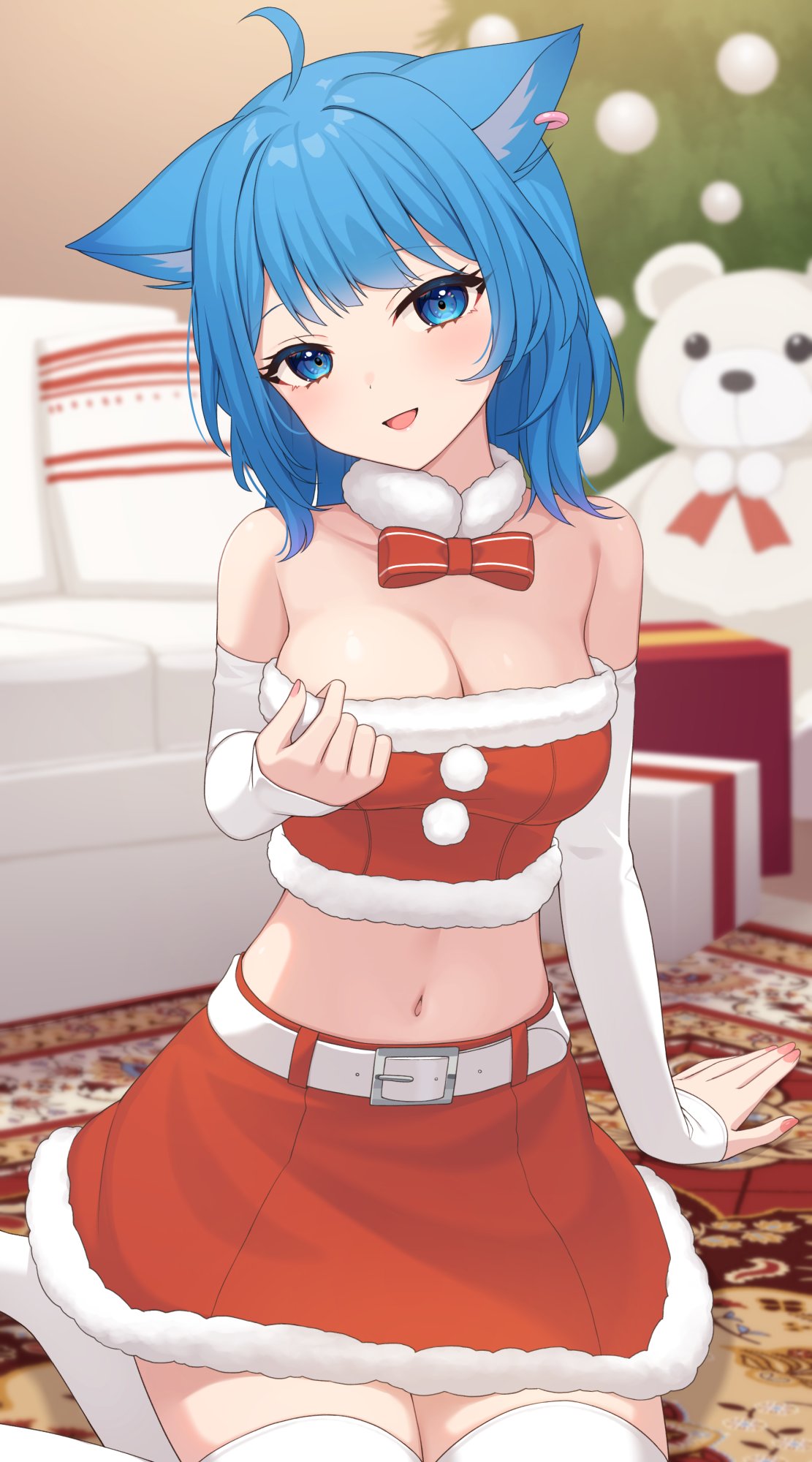 nishino eri, souya ichika, nanashi inc., commentary, highres, 1girl, ahoge, animal ears, bandeau, bare shoulders, belt, blue eyes, blue hair, bow, bowtie, breasts, cat ears, cleavage, crop top, detached sleeves, fur-trimmed skirt, fur collar, fur trim, large breasts, long sleeves, medium hair, midriff, navel, open mouth, red bandeau, red skirt, santa costume, sitting, skirt, smile, solo, stomach, thighhighs, virtual youtuber, white thighhighs, zettai ryouiki