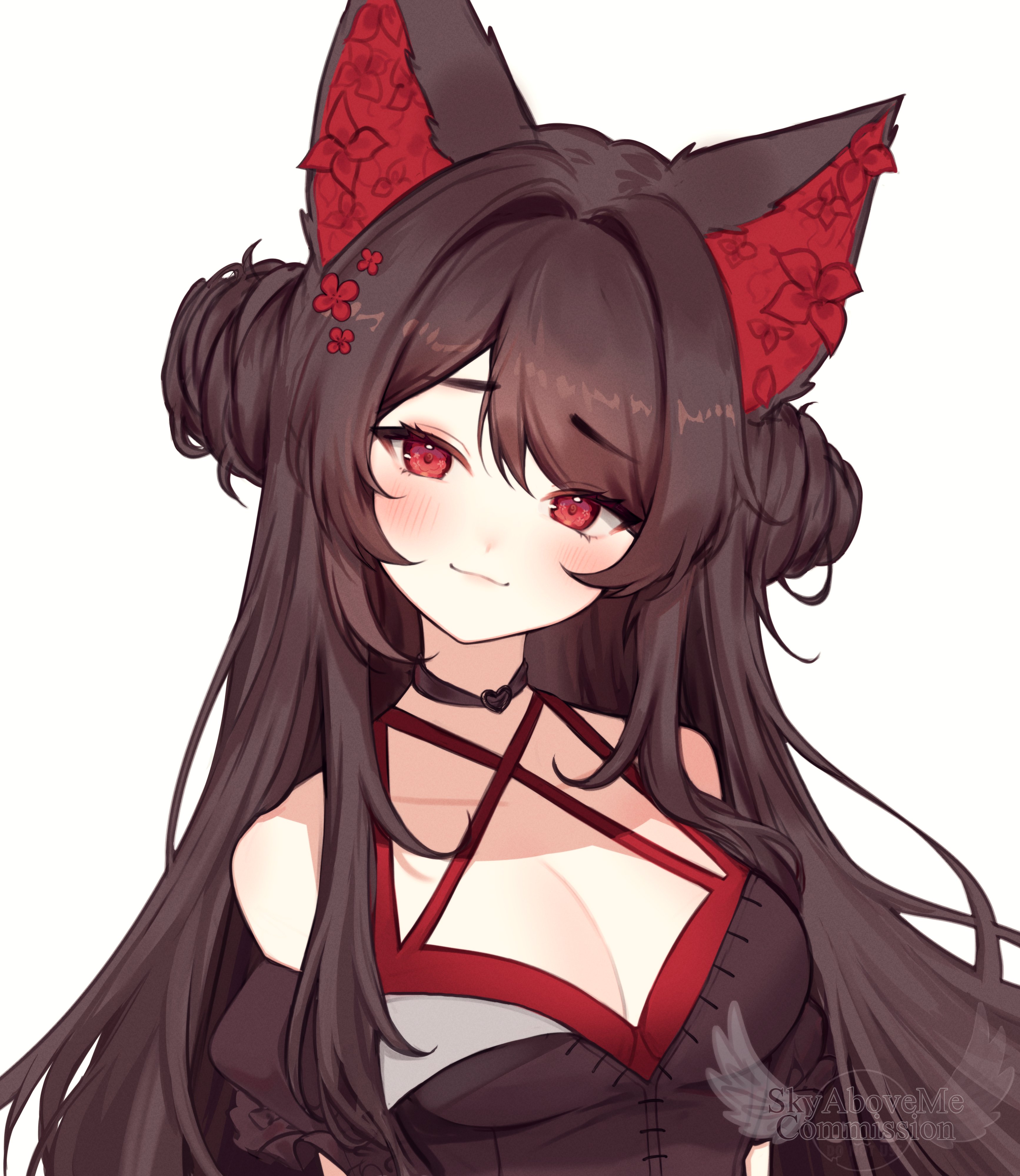 sky above me, indie virtual youtuber, absurdres, commentary, commission, english commentary, highres, 1girl, angelina (vtuber), animal ears, bare shoulders, black choker, black dress, blush, breasts, brown hair, choker, cleavage, closed mouth, dress, fox ears, fox girl, hair ornament, large breasts, long hair, looking at viewer, parted bangs, red eyes, simple background, smile, solo, upper body, virtual youtuber, white background