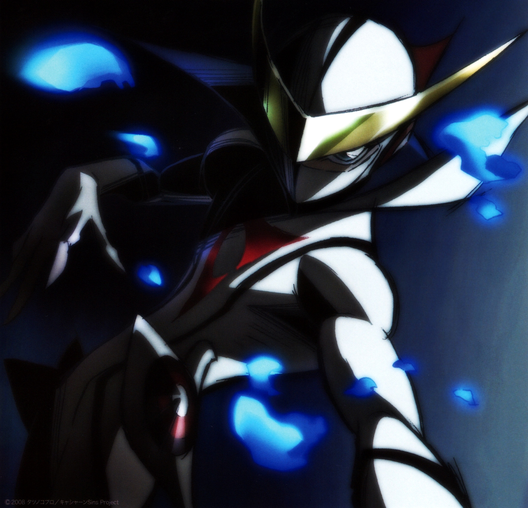 casshern, casshern (series), casshern sins, uniform, official art, 00s, 1boy, blue fire, bodysuit, fire, helmet, machinery, male focus, solo, upper body