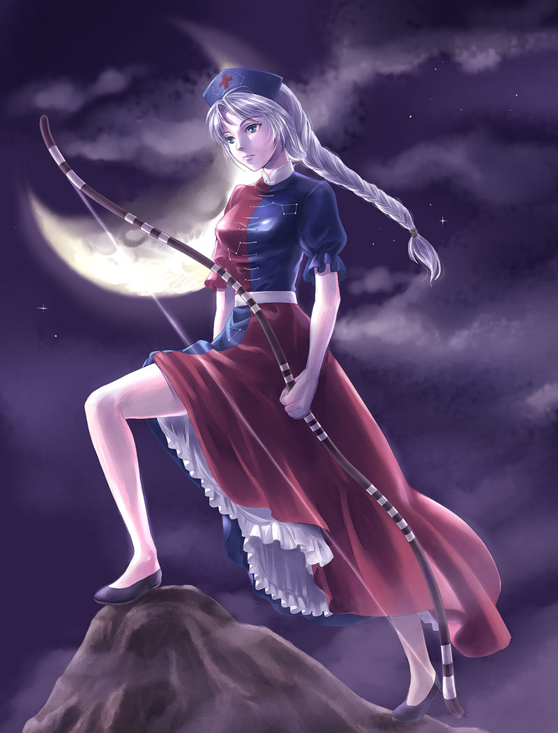 kyuu umi, yagokoro eirin, touhou, silver hair, 1girl, blue eyes, bow (weapon), braid, cloud, female focus, full body, legs, lips, long hair, outdoors, sky, solo, standing, star (sky), weapon