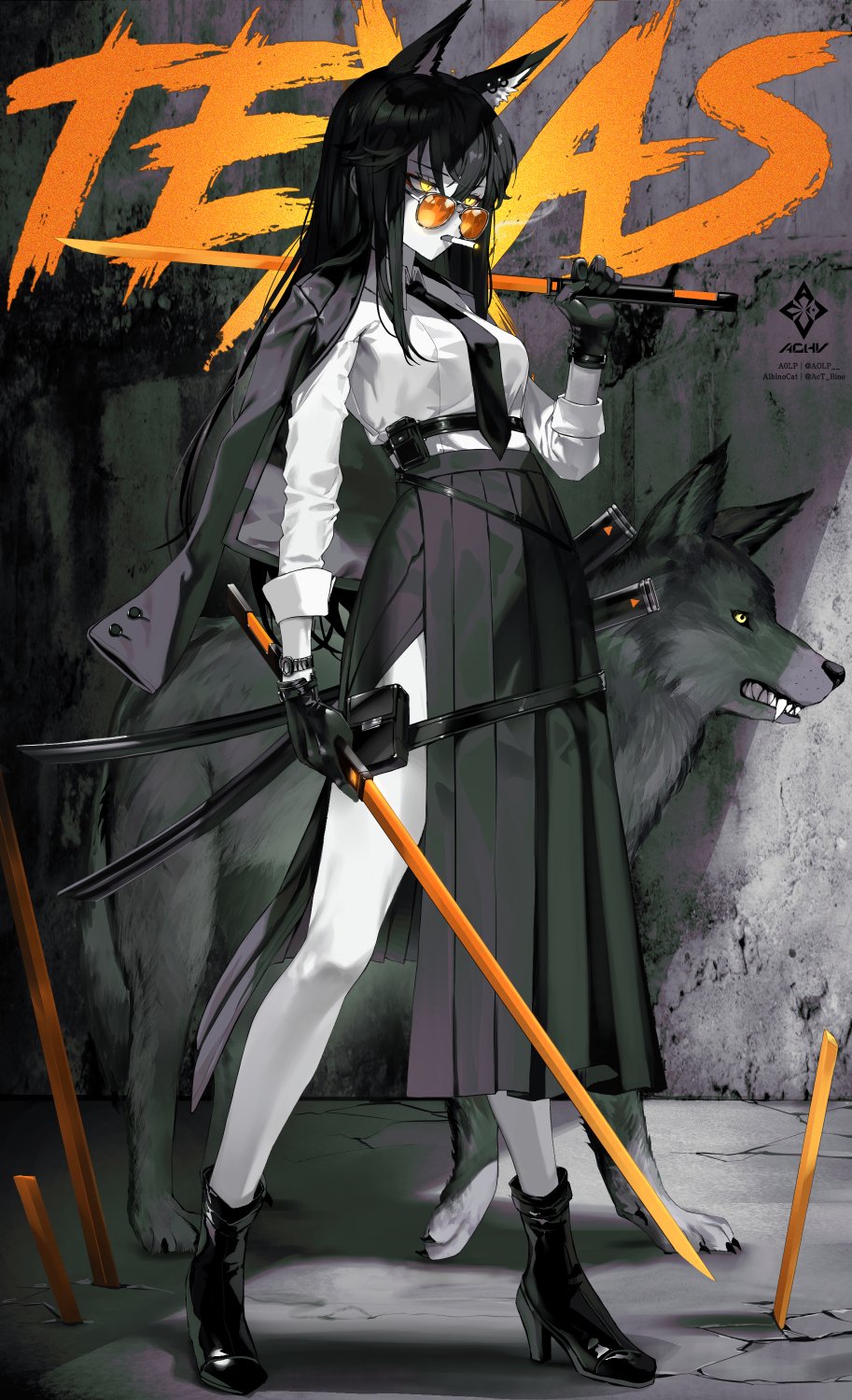 team.achv, texas (arknights), arknights, hashtag-only commentary, highres, 1girl, animal, animal ear fluff, animal ears, ankle boots, artist name, belt, boots, character name, cigarette, collared shirt, dual wielding, full body, glasses, hair between eyes, high heel boots, high heels, holding, holding sword, holding weapon, jacket, jacket on shoulders, long hair, long skirt, long sleeves, looking ahead, necktie, orange-tinted eyewear, over shoulder, partially colored, pleated skirt, pouch, shirt, side slit, skirt, sleeves rolled up, smoke, smoking, solo, standing, sword, sword over shoulder, tinted eyewear, watch, watermark, weapon, weapon over shoulder, wolf, wolf ears, wolf girl, wristwatch, yellow eyes