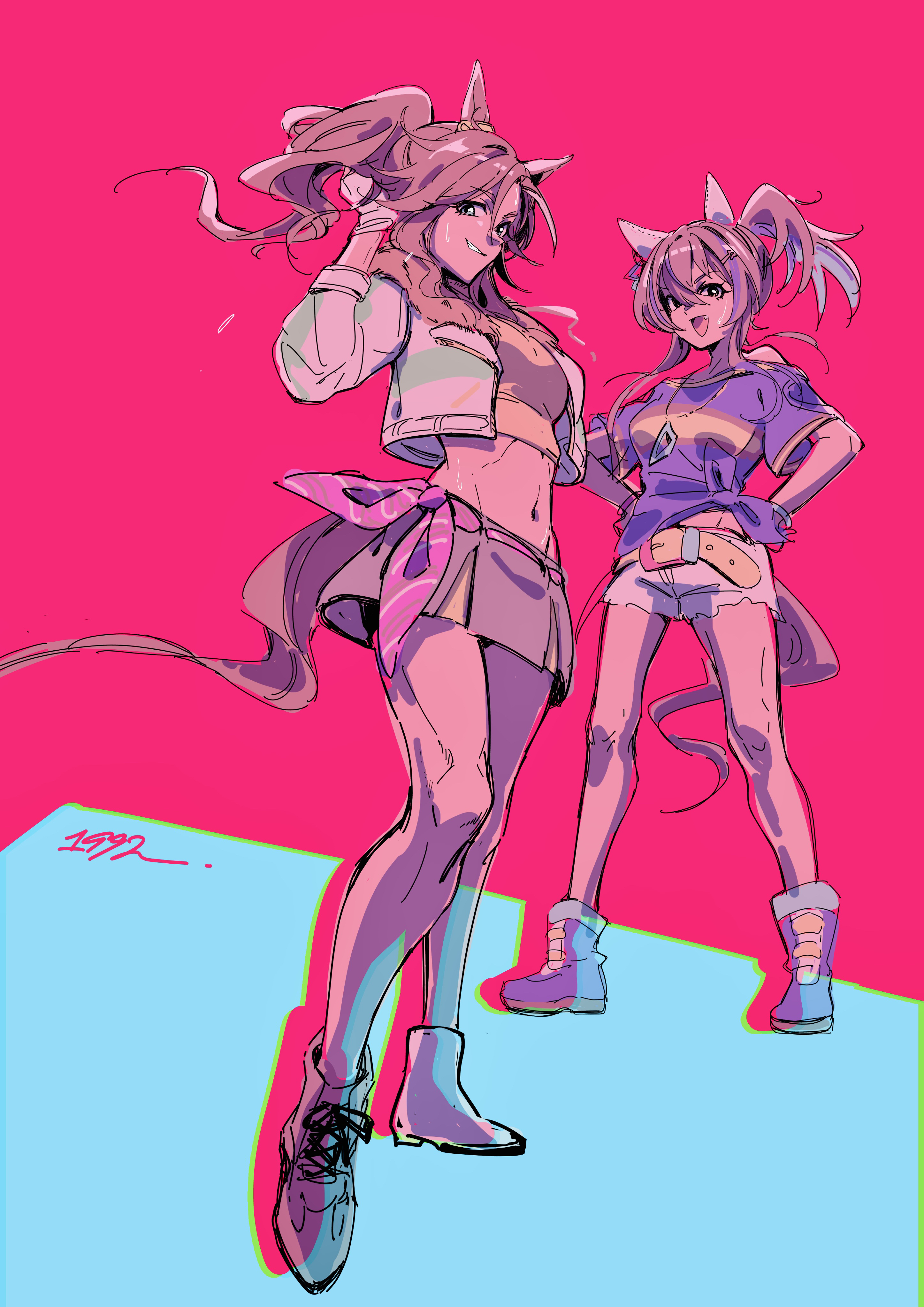 ohayonabeno, daitaku helios (fun fun party night) (umamusume), daitaku helios (umamusume), mejiro palmer (umamusume), umamusume, absurdres, commentary request, highres, 2girls, animal ears, belt, belt buckle, blue boots, blue eyes, blue shirt, boots, brown hair, buckle, dated, ear covers, fang, gloves, green skirt, hair ornament, hairclip, horse ears, horse girl, horse tail, jacket, jewelry, looking at viewer, midriff, miniskirt, multiple girls, navel, necklace, open clothes, open jacket, ponytail, purple sash, sash, shirt, shoelaces, shoes, shorts, simple background, skirt, smile, sweat, tail, white gloves, white jacket, white shorts, yellow belt, yellow eyes, yellow shirt