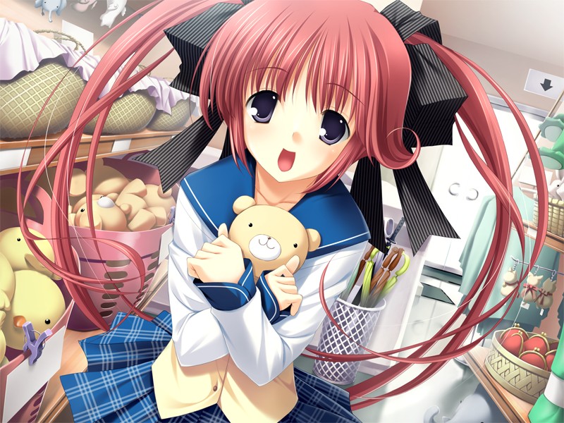 tanihara natsuki, hayami yumi, homemaid, game cg, 1girl, :d, black ribbon, dutch angle, female focus, hair ribbon, indoors, long hair, long sleeves, looking at viewer, open mouth, plaid clothes, plaid skirt, pleated skirt, purple eyes, red hair, ribbon, school uniform, shop, skirt, smile, solo, striped ribbon, stuffed animal, stuffed toy, teddy bear, twintails