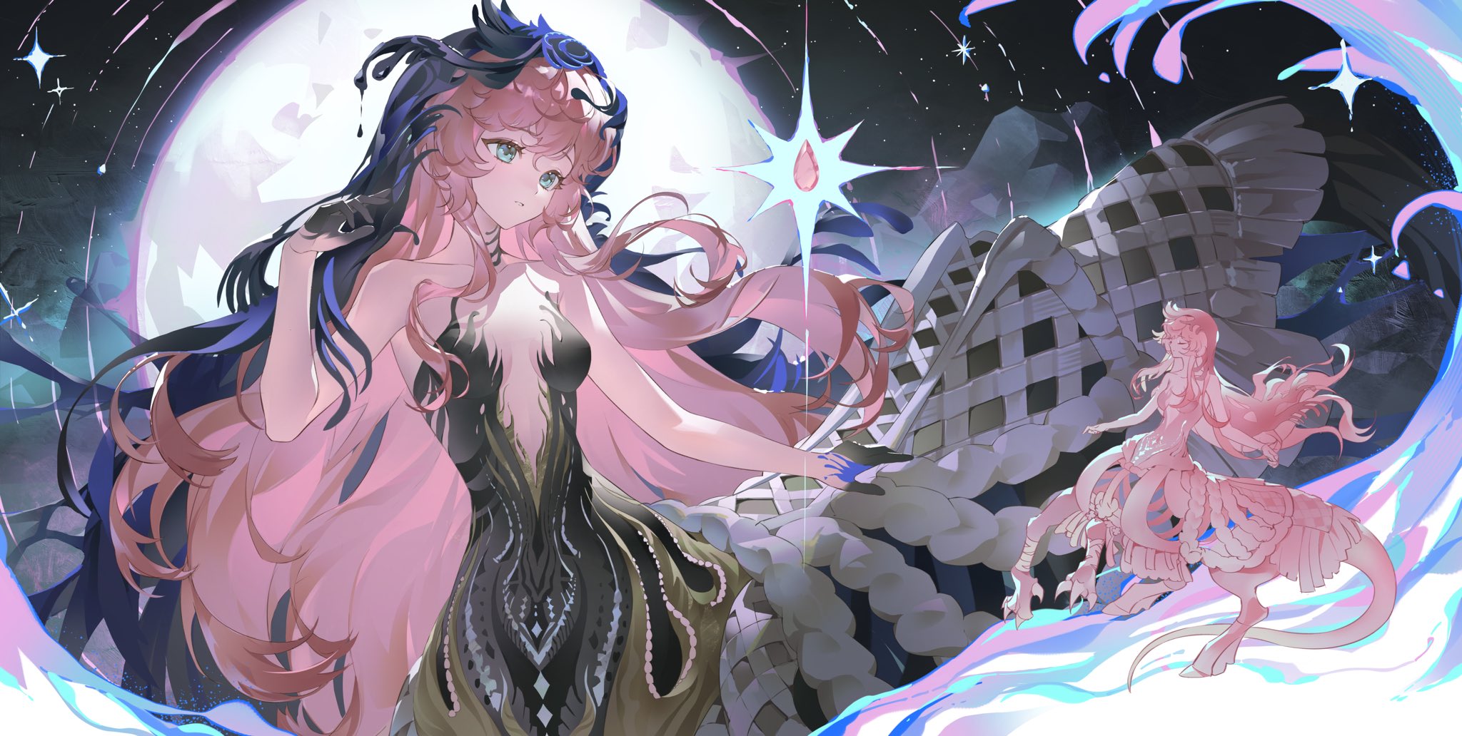nautika (reverse:1999), reverse:1999, hashtag-only commentary, highres, 1girl, aqua eyes, bare shoulders, black dress, black hands, black veil, blue veil, breasts, centauroid, chimera, cleavage, closed eyes, collarbone, colored extremities, cowboy shot, dress, floating, floating object, full body, full moon, gem, gradient skin, hair between eyes, hand up, hollow body, hooves, lizard tail, long hair, looking at object, medium breasts, misa (misonyeo s2), monster girl, moon, multiple legs, parted lips, pink gemstone, pink hair, plunging neckline, rearing, sidelocks, standing, standing on one leg, strapless, strapless dress, tail, talons, taur, two-tone veil, veil, very long hair