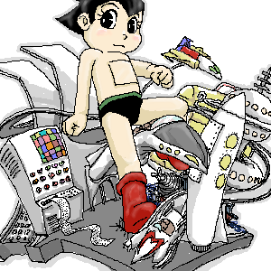 atom (tetsuwan atom), kodansha, tetsuwan atom, lowres, 1boy, boots, grey outline, male focus, oekaki, outline, red boots, robot, solo, topless male