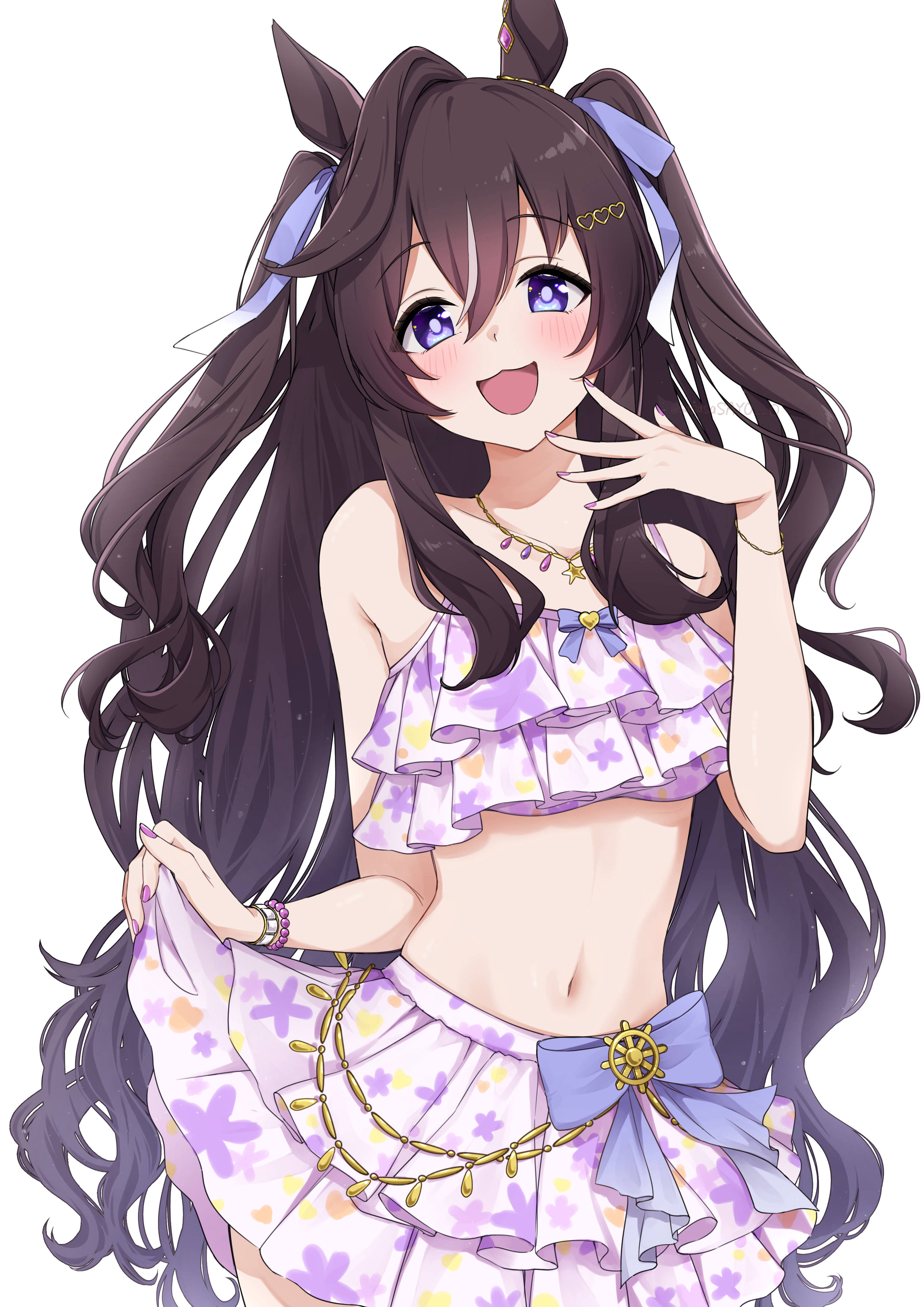 sayosayo-0, vivlos (eclat d'ete) (umamusume), vivlos (umamusume), umamusume, absurdres, commentary request, highres, 1girl, animal ears, bead bracelet, beads, bikini, bikini skirt, black hair, blush, bow, bow bikini, bracelet, fingernails, frilled bikini, frills, hand up, horse ears, horse girl, horse tail, jewelry, long hair, looking at viewer, mole, mole under eye, nail polish, navel, official alternate costume, open mouth, pink bikini, print bikini, purple bow, purple eyes, simple background, skirt hold, smile, solo, swimsuit, tail, white background, white streaks