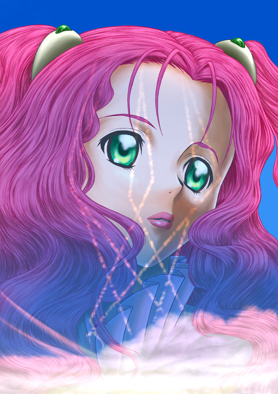 yo2, neviril (simoun), simoun, bad id, bad pixiv id, 00s, cloud, green eyes, iron ri maajon, long hair, pink hair, ri maajon, sky, solo