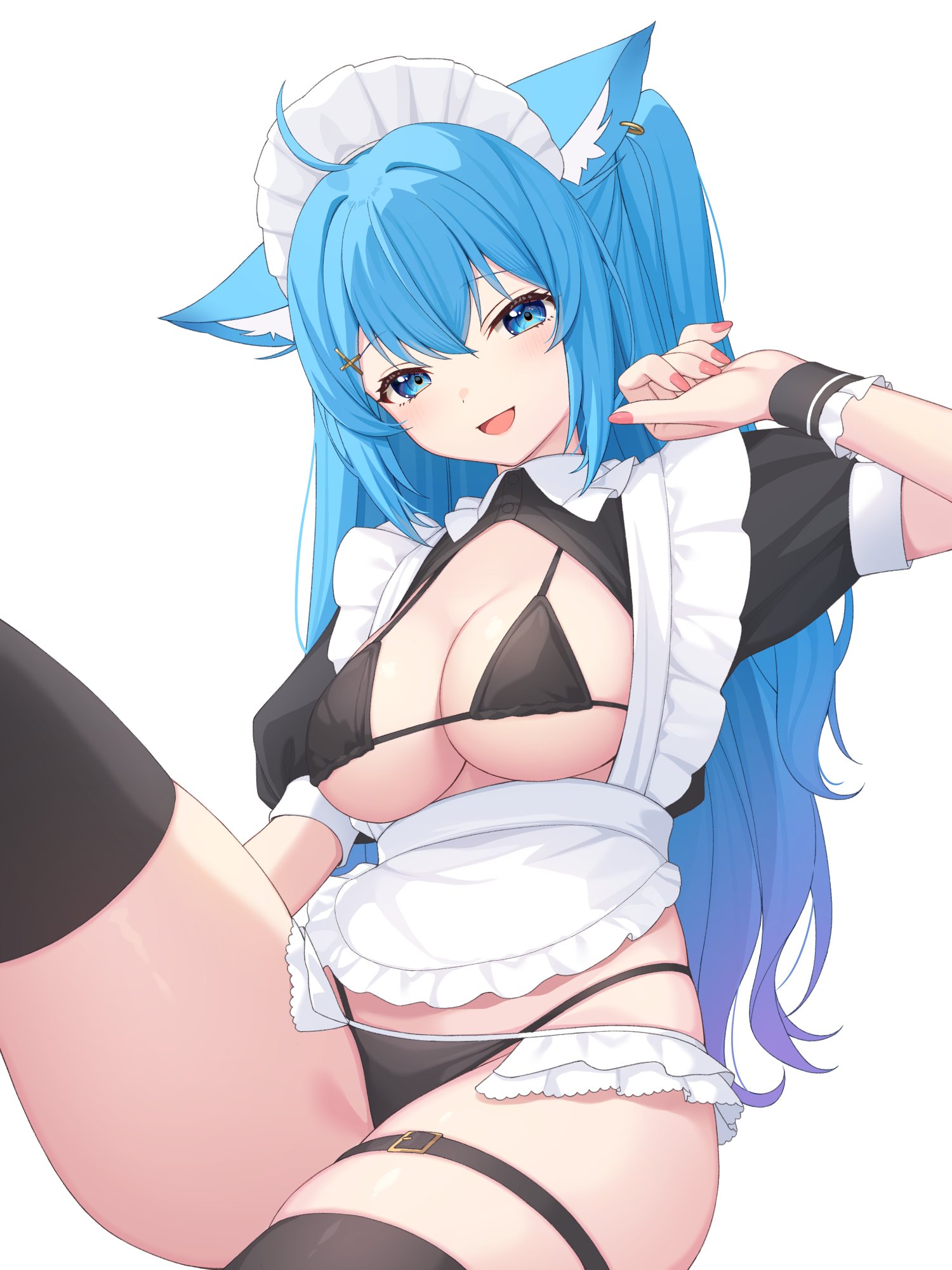 nishino eri, souya ichika, nanashi inc., commentary, highres, 1girl, ahoge, animal ears, apron, bikini, black bikini, black shirt, black thighhighs, blue eyes, blue hair, breasts, cat ears, cleavage, crop top, framed breasts, gradient hair, large breasts, leg up, long hair, looking at viewer, maid, maid apron, maid bikini, maid headdress, multicolored hair, nail polish, no pants, open mouth, red nails, shirt, short sleeves, simple background, skindentation, smile, solo, string bikini, swimsuit, thigh strap, thighhighs, thighs, two side up, unconventional maid, virtual youtuber, white background, wing collar