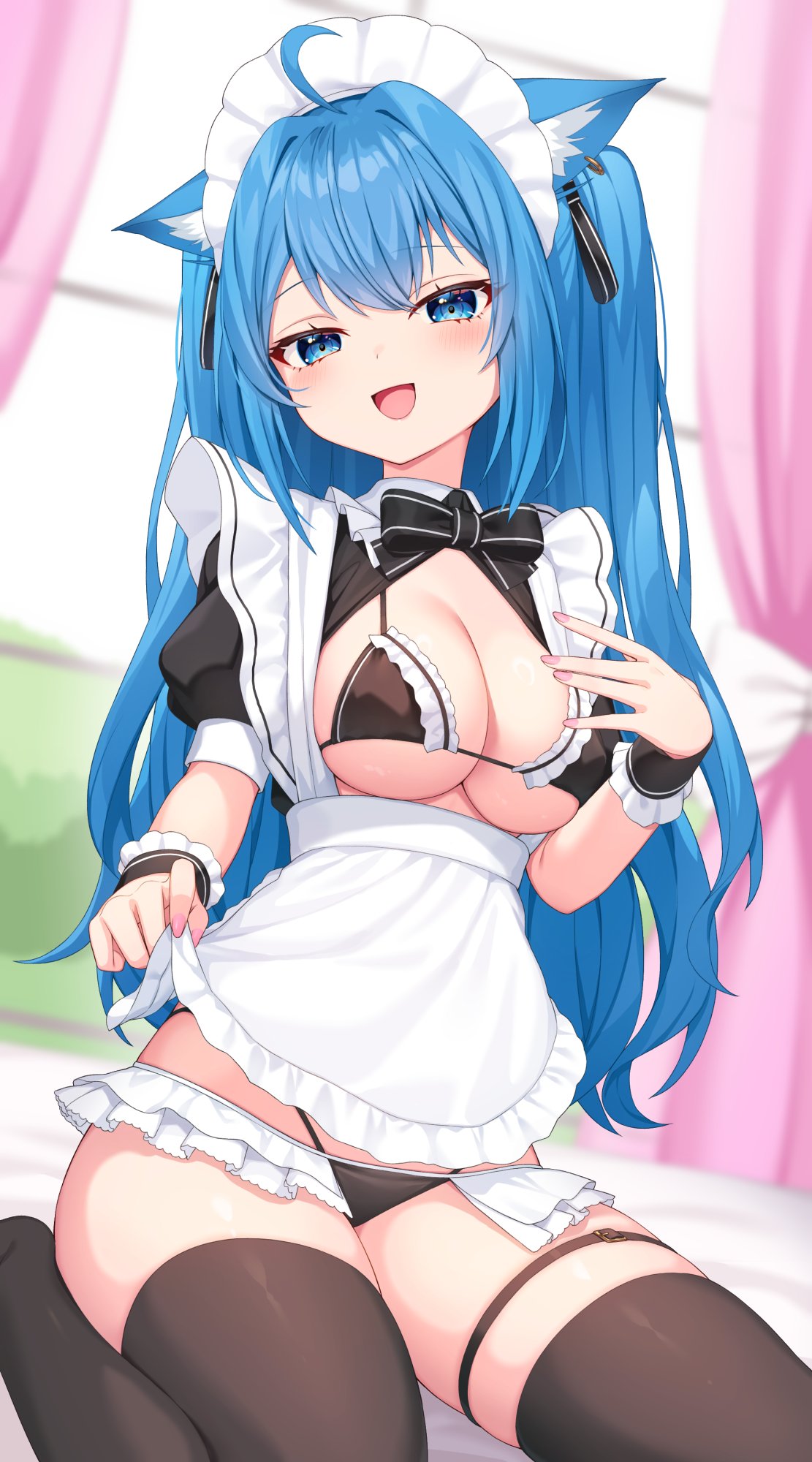 nishino eri, souya ichika, nanashi inc., commentary, highres, 1girl, apron, bikini, blue eyes, blue hair, blurry, blurry background, breasts, brown thighhighs, cleavage, frilled bikini, frills, long hair, looking at viewer, maid, maid apron, maid bikini, maid headdress, medium breasts, open mouth, sitting, smile, solo, string bikini, swimsuit, thigh strap, thighhighs, two side up, unconventional maid, virtual youtuber, wrist cuffs