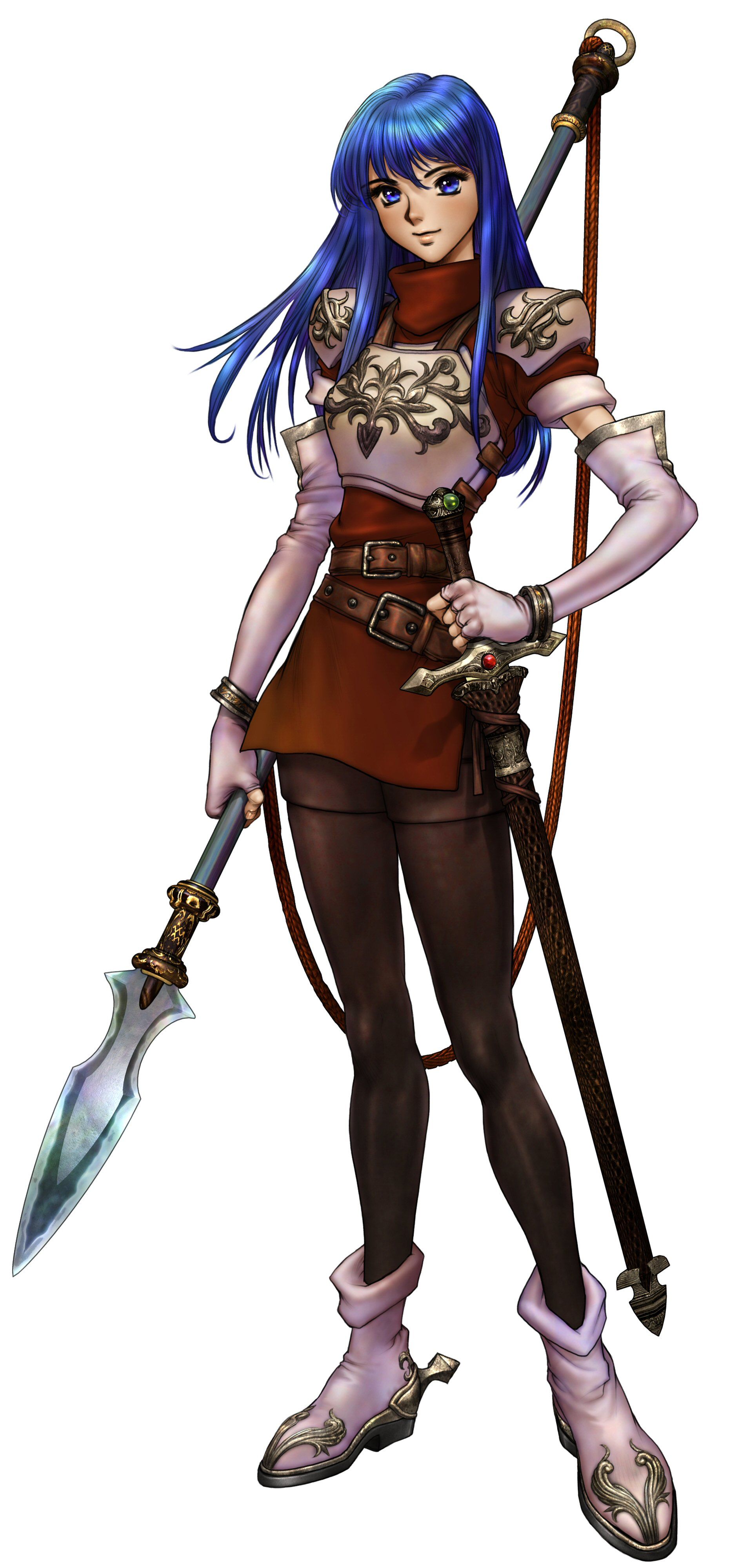 shirou masamune, caeda (fire emblem), fire emblem, fire emblem: mystery of the emblem, fire emblem: shadow dragon, nintendo, pegasus knight uniform (fire emblem), absurdres, highres, official art, 1990s (style), 1girl, armor, armored dress, blue eyes, blue hair, dress, elbow gloves, female focus, fingerless gloves, full body, gloves, long hair, looking at viewer, matching hair/eyes, polearm, retro artstyle, simple background, smile, solo, spear, sword, thighhighs, weapon, white background
