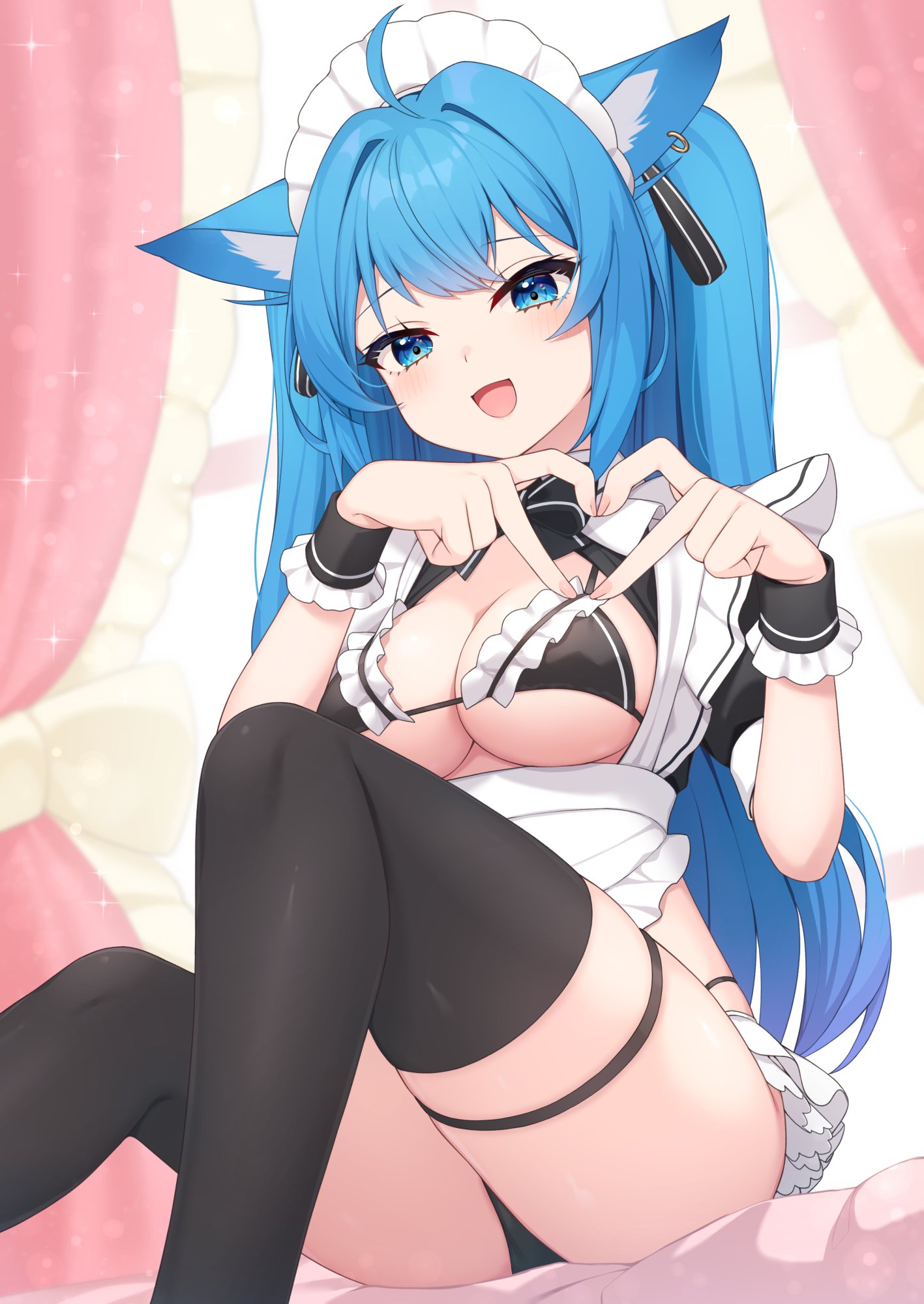 nishino eri, souya ichika, nanashi inc., commentary, highres, 1girl, ahoge, apron, bikini, black bikini, black shrug, black thighhighs, blue eyes, blue hair, bow, bowtie, breasts, cleavage, curtains, feet out of frame, frilled bikini, frills, heart, heart hands, knees up, large breasts, long hair, looking at viewer, maid, maid apron, maid bikini, maid headdress, short sleeves, shrug (clothing), sitting, solo, string bikini, swimsuit, thigh strap, thighhighs, thighs, two side up, unconventional maid, virtual youtuber, wrist cuffs