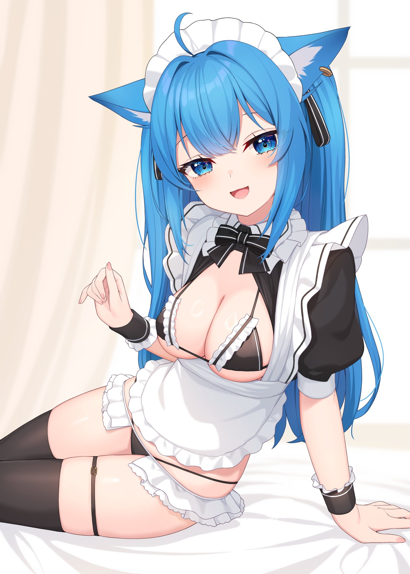 nishino eri, souya ichika, nanashi inc., commentary, highres, 1girl, ahoge, animal ears, apron, bikini, black bikini, black shrug, black thighhighs, blue eyes, blue hair, bow, bowtie, breasts, cat ears, cleavage, frilled bikini, frills, long hair, looking at viewer, maid, maid apron, maid bikini, maid headdress, medium breasts, open mouth, short sleeves, shrug (clothing), sitting, smile, solo, string bikini, swimsuit, thigh strap, thighhighs, thighs, unconventional maid, virtual youtuber, wing collar, wrist cuffs, yokozuwari