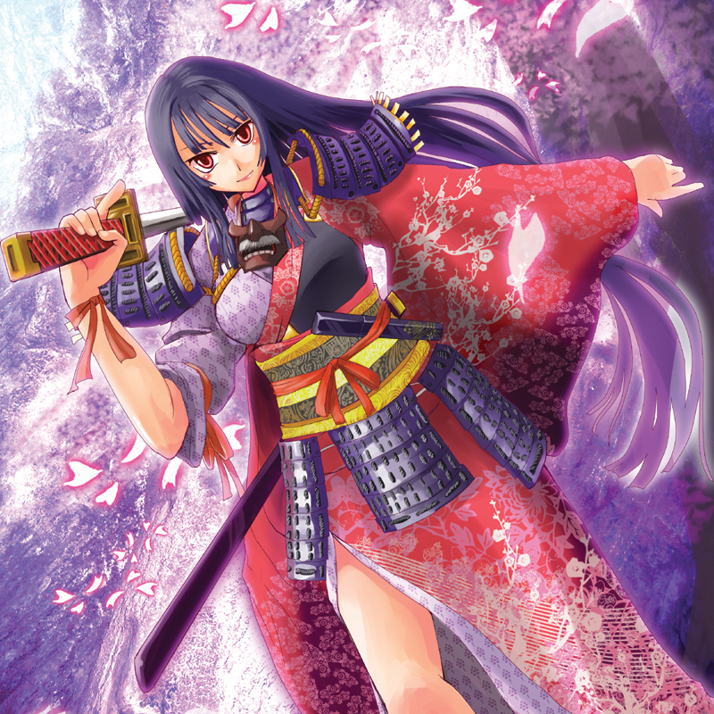 inte, original, 1girl, armor, blue hair, dutch angle, female focus, hime cut, japanese armor, japanese clothes, kusazuri, long hair, red eyes, shoulder armor, sode, solo, sword, weapon