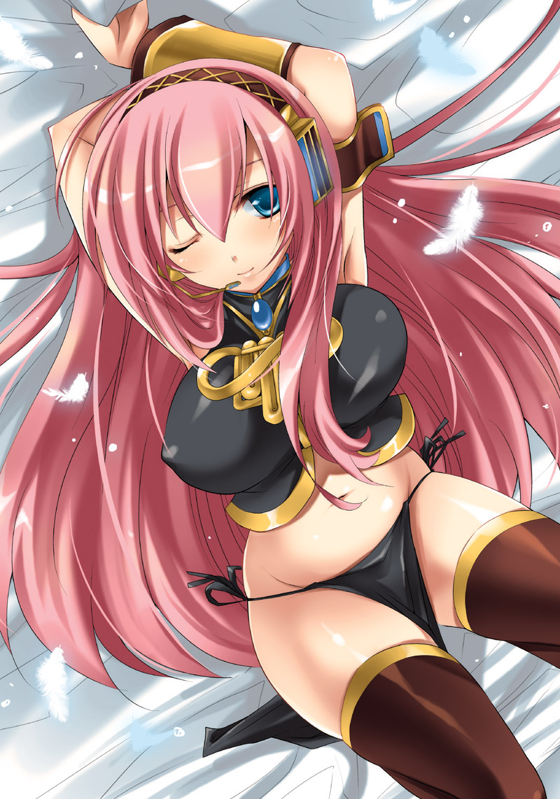 mitsuki tsumi, megurine luka, vocaloid, bad id, bad pixiv id, 1girl, aqua eyes, bed sheet, breasts, feathers, female focus, headset, large breasts, long hair, midriff, navel, one eye closed, pink hair, sheet grab, solo, thighhighs, very long hair, wink
