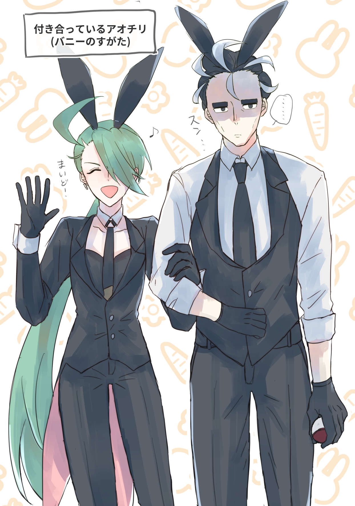 larry (pokemon), rika (pokemon), nintendo, pokemon, pokemon sv, commentary request, highres, translation request, 1boy, 1girl, animal ears, black eyes, black gloves, black hair, black jacket, black pants, black vest, cheekbones, closed eyes, deee vvv, detached collar, ear piercing, earrings, eighth note, fake animal ears, flat chest, gloves, green hair, hair over one eye, holding, holding poke ball, jacket, jewelry, long hair, multicolored hair, musical note, pants, patterned background, piercing, poke ball, rabbit ears, thick eyebrows, two-tone hair, very long hair, vest, waving, white hair