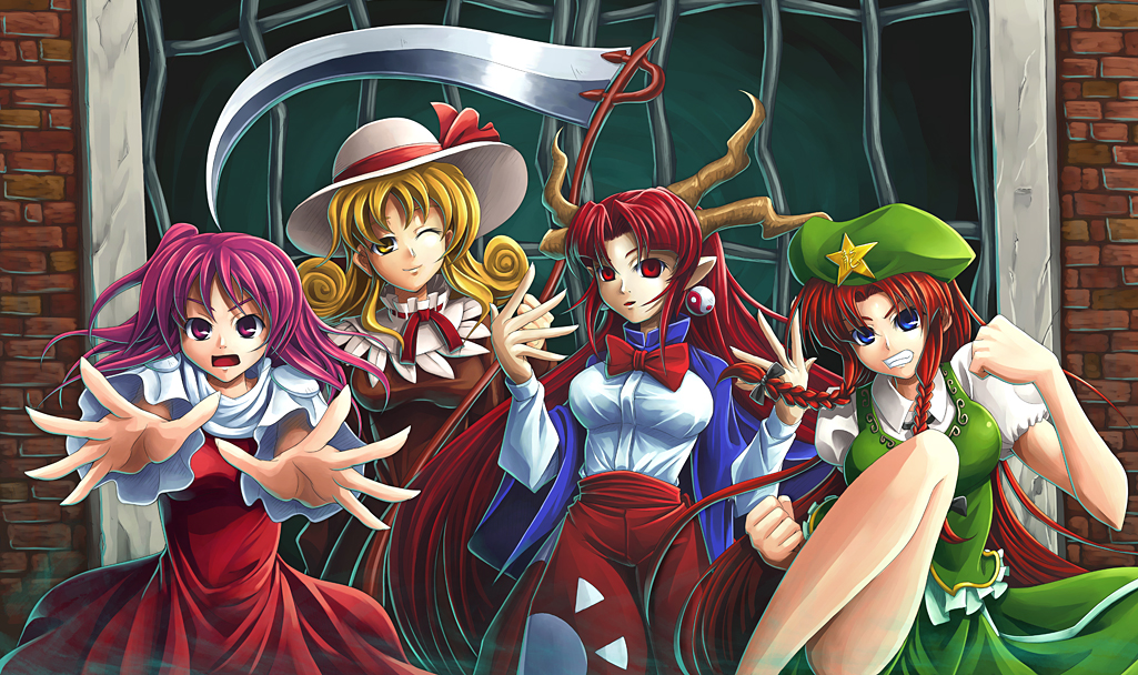 koto tsubane, elly (touhou), hong meiling, sara (touhou), shingyoku (touhou), lotus land story, mystic square, touhou, touhou (pc-98), 4girls, blonde hair, blue eyes, female focus, fighting stance, foreshortening, gate, gate guard, horns, multiple girls, pink eyes, pink hair, pointy ears, red eyes, red hair, scythe, yellow eyes