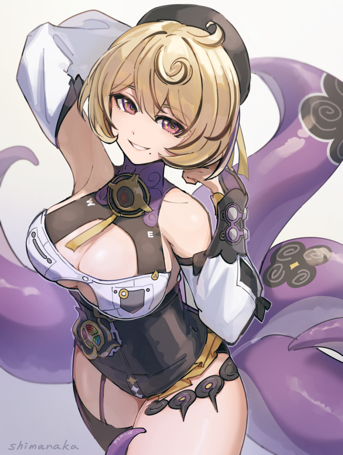 shimanaka (shimanaka sushi), yidhari murphy, zenless zone zero, commentary request, 1girl, accessories, arm behind head, arm up, armpits, artist name, asymmetrical shorts, bare shoulders, black bow, blonde hair, bow, breasts, cleavage, detached sleeves, grin, hair between eyes, hat, high-waist shorts, large breasts, looking at viewer, mole, mole under mouth, monster girl, octopus, purple eyes, scylla, short hair, shorts, single thighhigh, smile, solo, spiral, sticker, teeth, tentacle girl, tentacle tail, tentacles, thighhighs, white background
