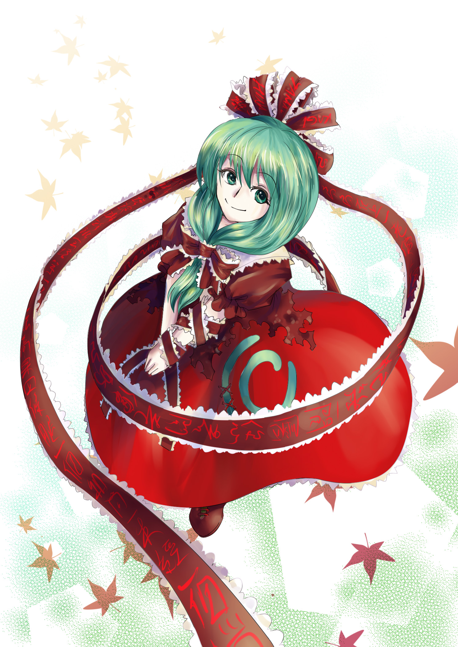 kagiyama hina, touhou, highres, 1girl, female focus, front ponytail, green eyes, green hair, matching hair/eyes, ribbon, solo
