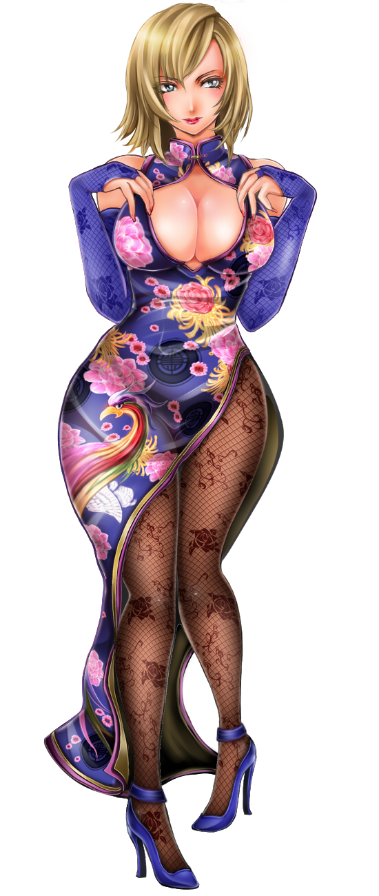 1041 (toshikazu), anna williams, namco, tekken, highres, 1girl, alternate color, blonde hair, blue eyes, breasts, bridal gauntlets, china dress, chinese clothes, cleavage, cleavage cutout, clothing cutout, curvy, detached sleeves, dress, elbow gloves, female focus, fishnet pantyhose, fishnets, floral print, gloves, high heels, hip focus, large breasts, lipstick, makeup, pantyhose, shoes, side slit, solo, wide hips