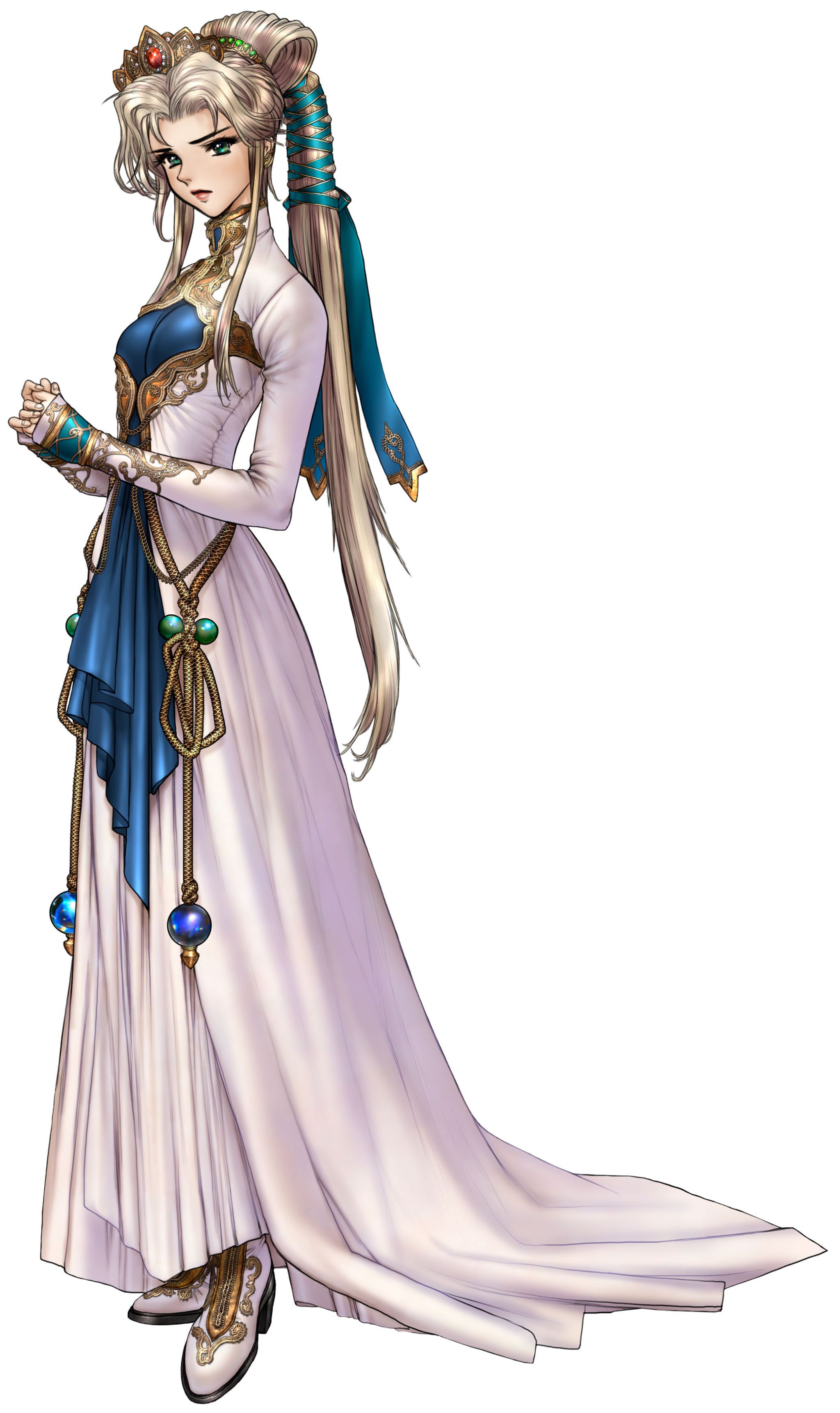 shirou masamune, nyna (fire emblem), fire emblem, fire emblem: mystery of the emblem, fire emblem: shadow dragon, nintendo, white footwear, absurdres, bad fandom id, bad id, highres, official art, 1990s (style), 1girl, blonde hair, boots, crown, dress, female focus, full body, green eyes, hair ribbon, long hair, retro artstyle, ribbon, shoes, solo, very long hair, white background