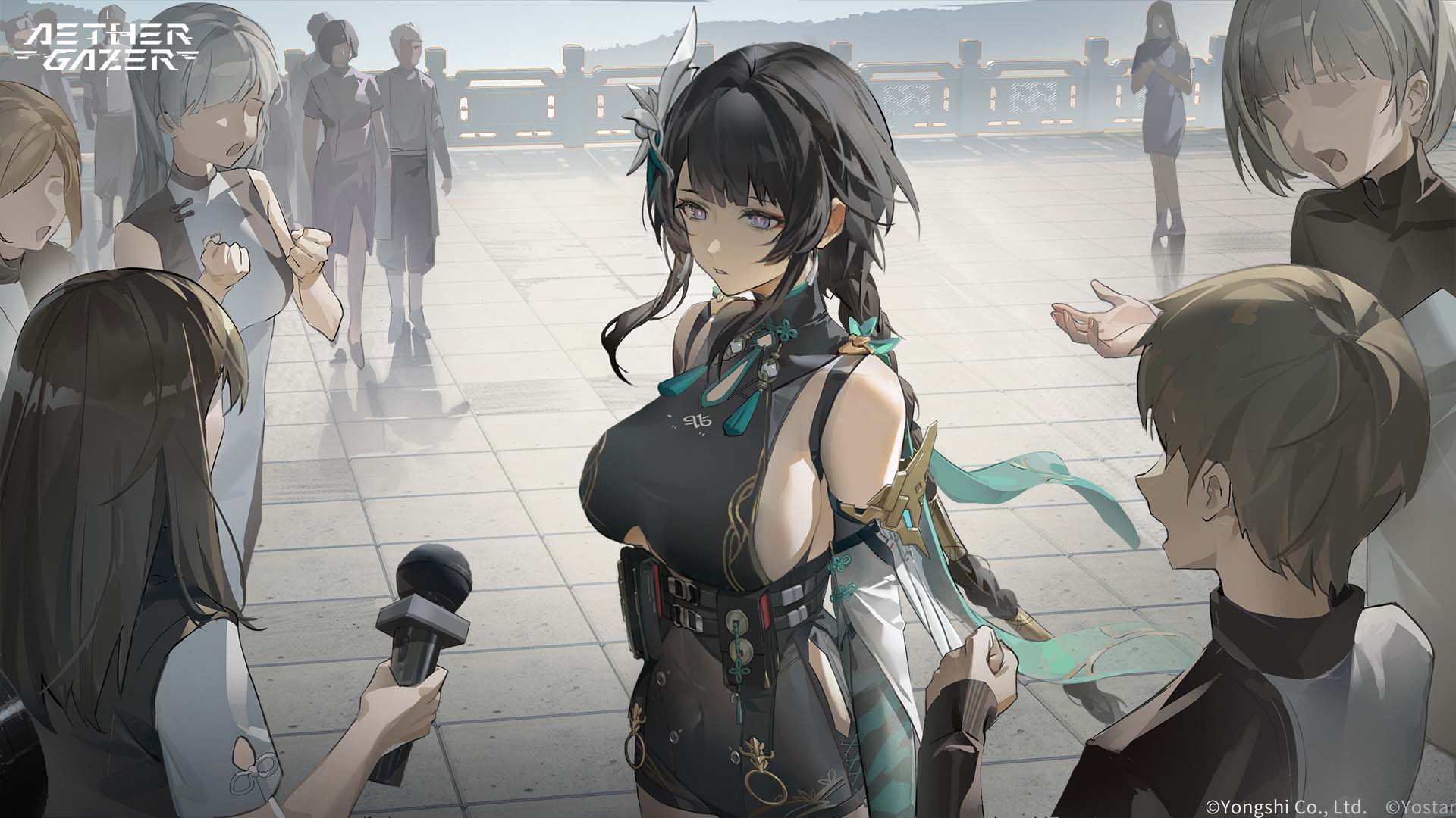 yingzhao (aether gazer), aether gazer, artist request, highres, official art, 1girl, belt, belt pouch, black belt, black hair, black leotard, breasts, copyright name, copyright notice, covered navel, crowd, detached sleeves, grey eyes, hair ornament, holding, holding microphone, large breasts, leotard, long braid, microphone, pouch, purple eyes, sideboob, tassel