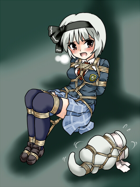 lilish, konpaku youmu, konpaku youmu (ghost), touhou, 1girl, alternate costume, arms behind back, bdsm, blush, bondage, bound, box tie, crotch rope, female focus, hitodama, rope, school uniform, shibari, shibari over clothes, solo, thighhighs