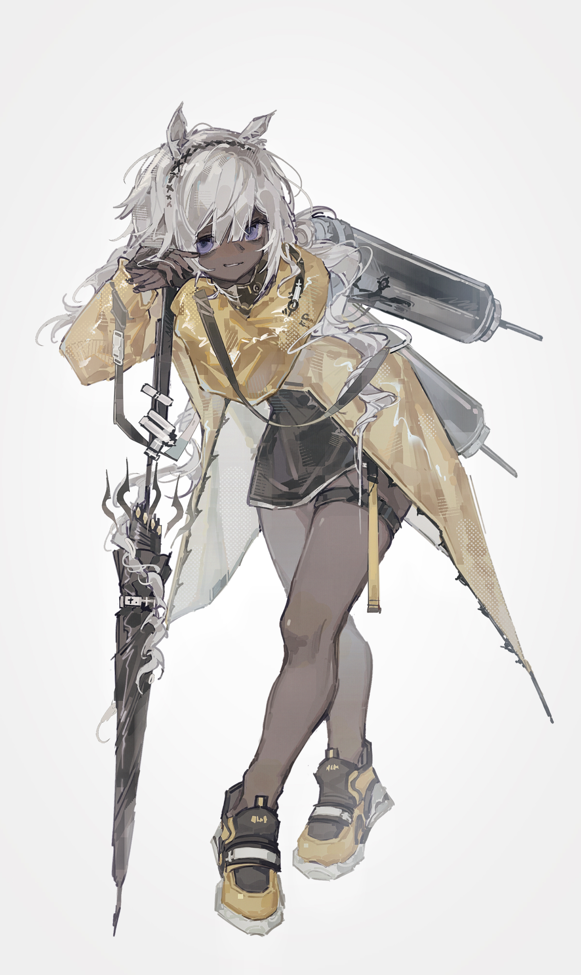huaique, tuye (arknights), arknights, absurdres, highres, 1girl, animal ears, back-mounted equipment, black shorts, black smoke, cat ears, closed umbrella, crossed legs, dark-skinned female, dark skin, full body, grey background, grin, hairband, holding, holding weapon, jacket, leaning, leaning forward, leaning on object, leaning on weapon, long hair, looking at viewer, messy hair, purple eyes, shoes, shorts, simple background, smile, sneakers, solo, staff, standing, translucent coat, umbrella, watson cross, weapon, white background, white hair, yellow jacket