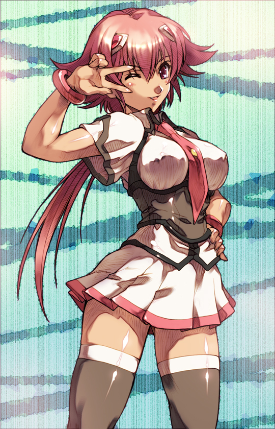 hisahiko, shishidou akiha, sora wo kakeru shoujo, 00s, 1girl, breasts, female focus, large breasts, one eye closed, pink hair, ponytail, red eyes, solo, thighhighs, wink, zettai ryouiki