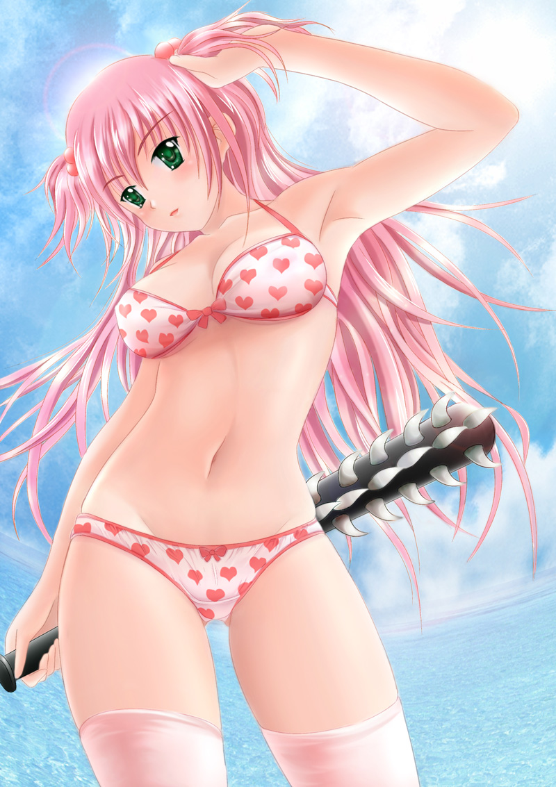 obiwan, bad id, bad pixiv id, 1girl, armpits, bikini, breasts, club (weapon), day, female focus, green eyes, hair bobbles, hair ornament, heart, heart print, long hair, medium breasts, navel, pink bikini, pink hair, print bikini, short twintails, sky, solo, swimsuit, thighhighs, twintails, two side up, water, weapon