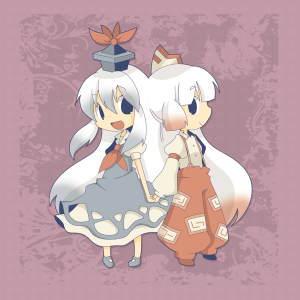 misaki, misaki (1n1m), fujiwara no mokou, kamishirasawa keine, touhou, 2girls, chibi, female focus, hair ribbon, hat, long hair, multiple girls, ribbon, white hair