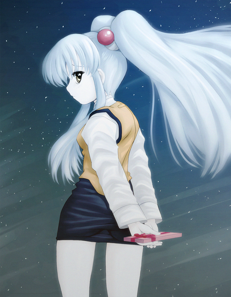 ebi tendon, hoshino ruri, kidou senkan nadesico, 1girl, arms behind back, blue hair, female focus, from behind, gift, hair ornament, long hair, looking back, night, night sky, pencil skirt, skirt, sky, solo, sphere hair ornament, star (sky), star (symbol), starry sky, twintails, valentine, yellow eyes