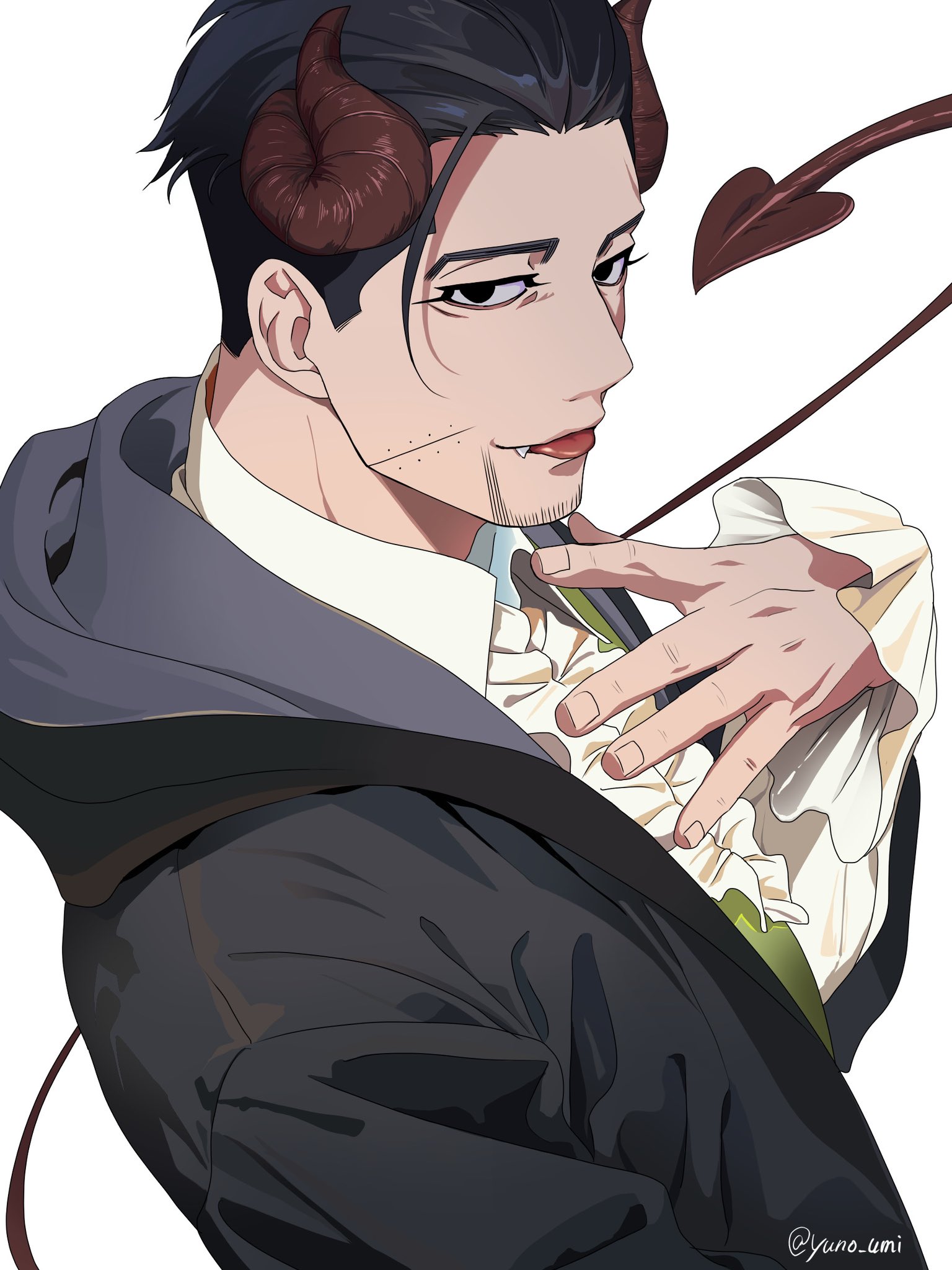 washiko (rasuko), ogata hyakunosuke, golden kamuy, commentary, english commentary, highres, 1boy, ascot, black eyes, black hair, demon horns, demon tail, facial hair, fang, fingernails, goatee stubble, green vest, grey jacket, hood, hood down, horns, jacket, looking at viewer, male focus, scar, scar on face, shirt, short hair, simple background, solo, stubble, tail, tongue, tongue out, twitter username, upper body, vest, white background, white shirt
