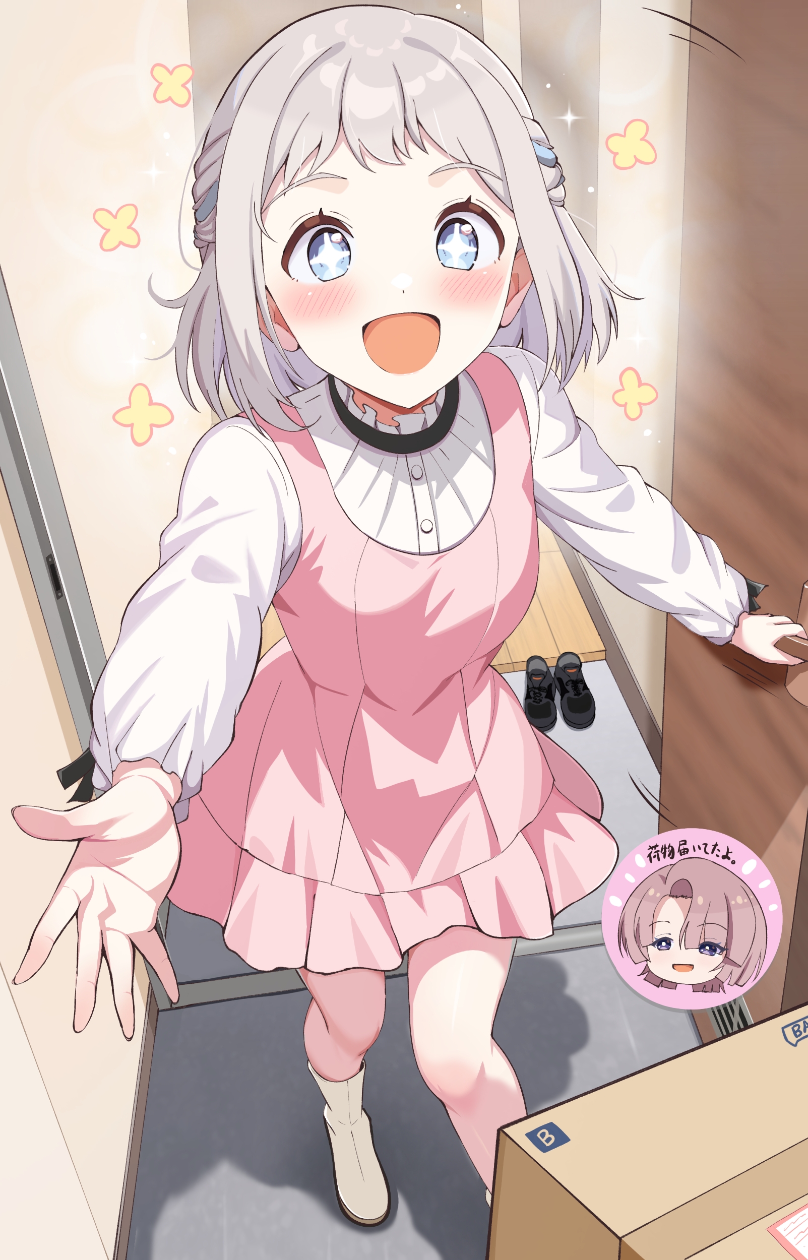 crouching start, arimura mao, katsuragi lilja, gakuen idolmaster, idolmaster, absurdres, commentary request, highres, translation request, + +, 2girls, :d, blue eyes, blue ribbon, blush, boots, braid, doorway, dress, grey hair, hair ribbon, half up braid, long sleeves, looking at viewer, multiple girls, open mouth, opening door, package, pink dress, pov doorway, ribbon, ribbon braid, shoes, short hair, sidelocks, smile, unworn shoes, white boots, wooden floor