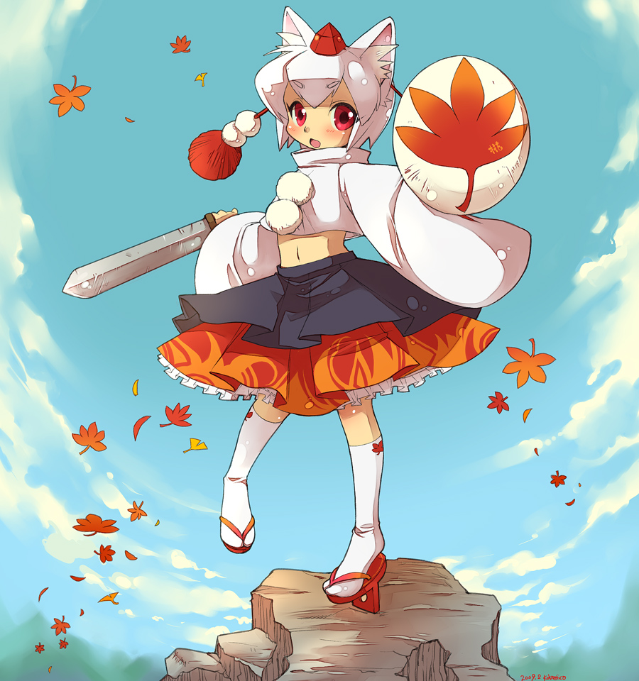 sokomushi, inubashiri momiji, touhou, bad id, bad pixiv id, 1girl, animal ears, chibi, female focus, geta, hat, leaf, midriff, navel, red eyes, sandals, shield, short hair, skirt, socks, solo, sword, tengu-geta, tokin hat, weapon, white hair, wolf ears