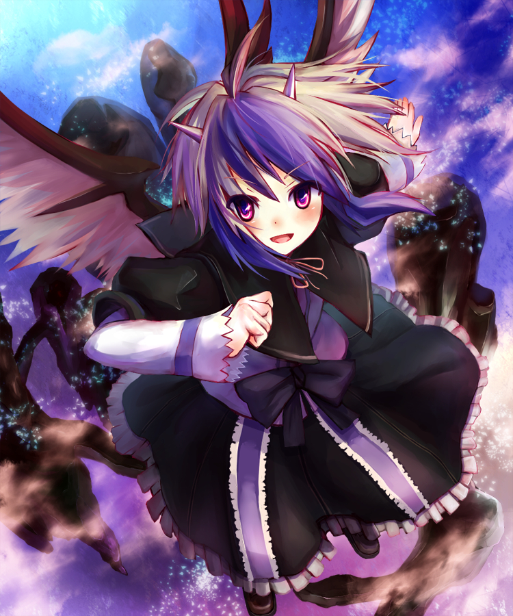 eho (icbm), kaiho, tokiko (touhou), curiosities of lotus asia, touhou, bad id, bad pixiv id, 1girl, dress, female focus, head wings, horns, multicolored hair, purple eyes, ribbon, solo, wings