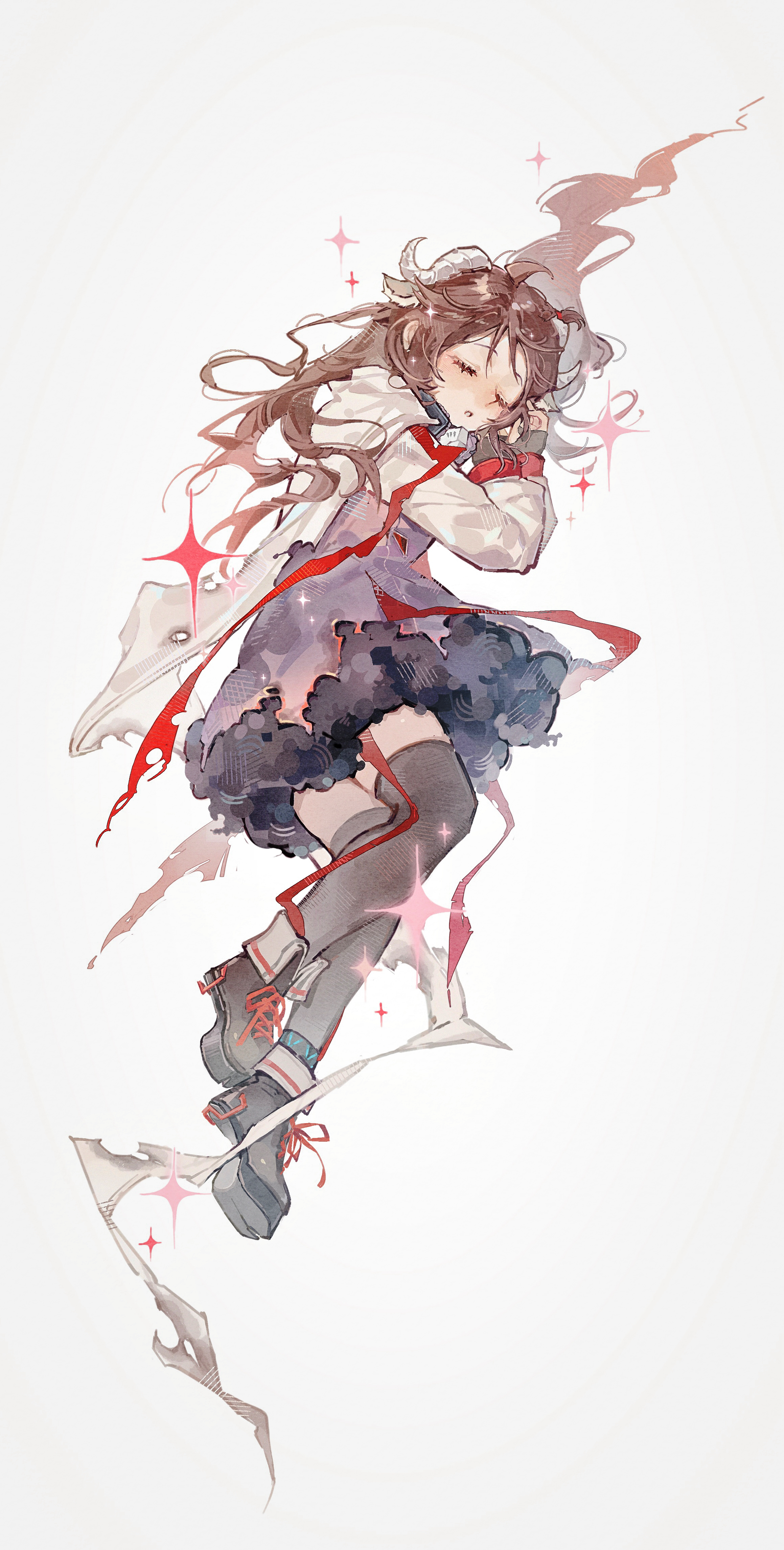 huaique, eyjafjalla (arknights), arknights, absurdres, highres, painting (medium), traditional media, watercolor (medium), 1girl, animal ears, arms up, boots, brown hair, closed eyes, collared shirt, floating, full body, glowing, horns, long hair, purple skirt, red ribbon, ribbon, sheep ears, sheep horns, shirt, simple background, skirt, sleeping, solo, sparkle, staff, thighhighs, wavy hair, white background, white shirt